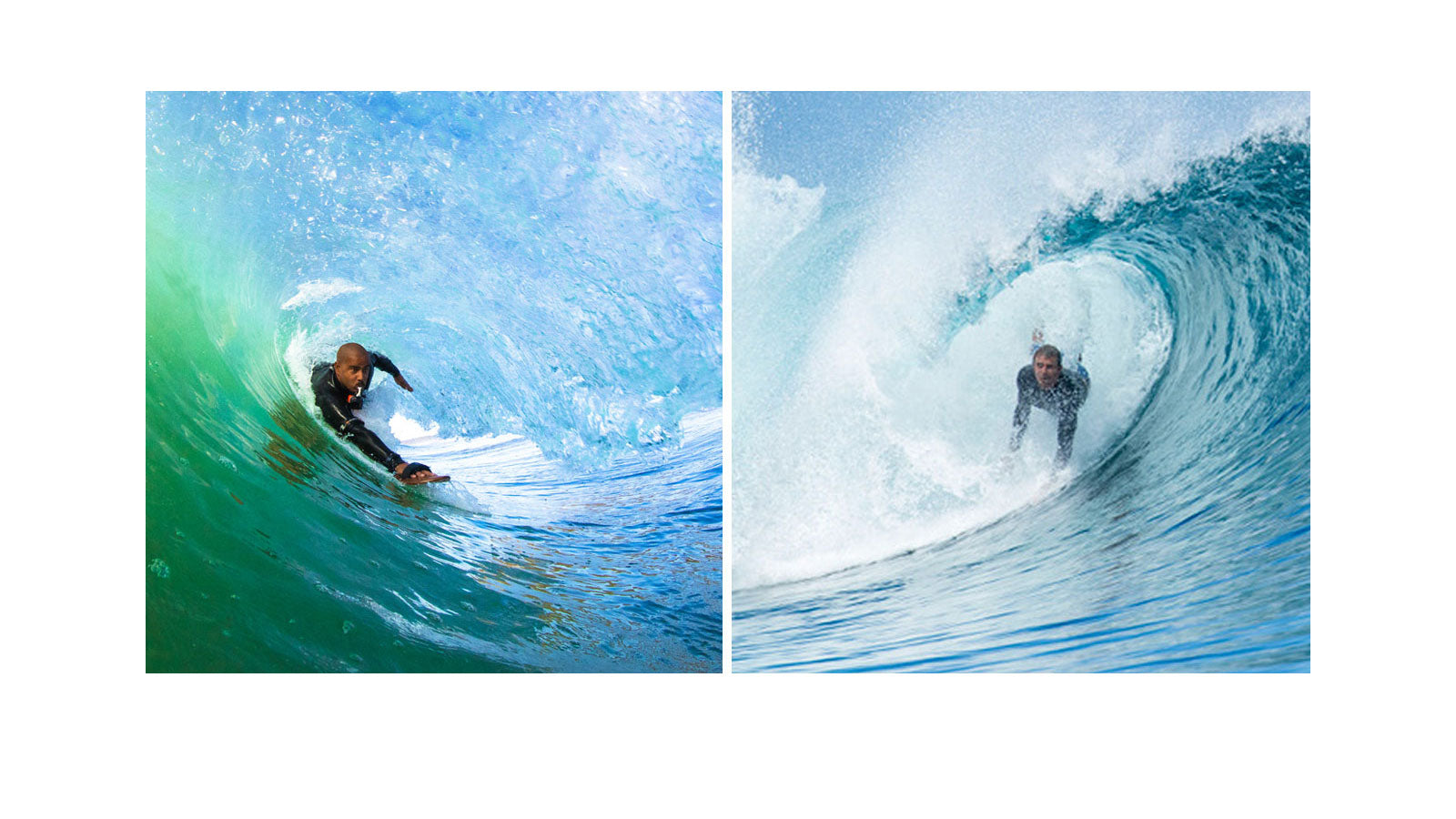 Two surfers bodysurfing inside hollow waves, one riding a green barrelling wave and one inside a blue tube, both without boards