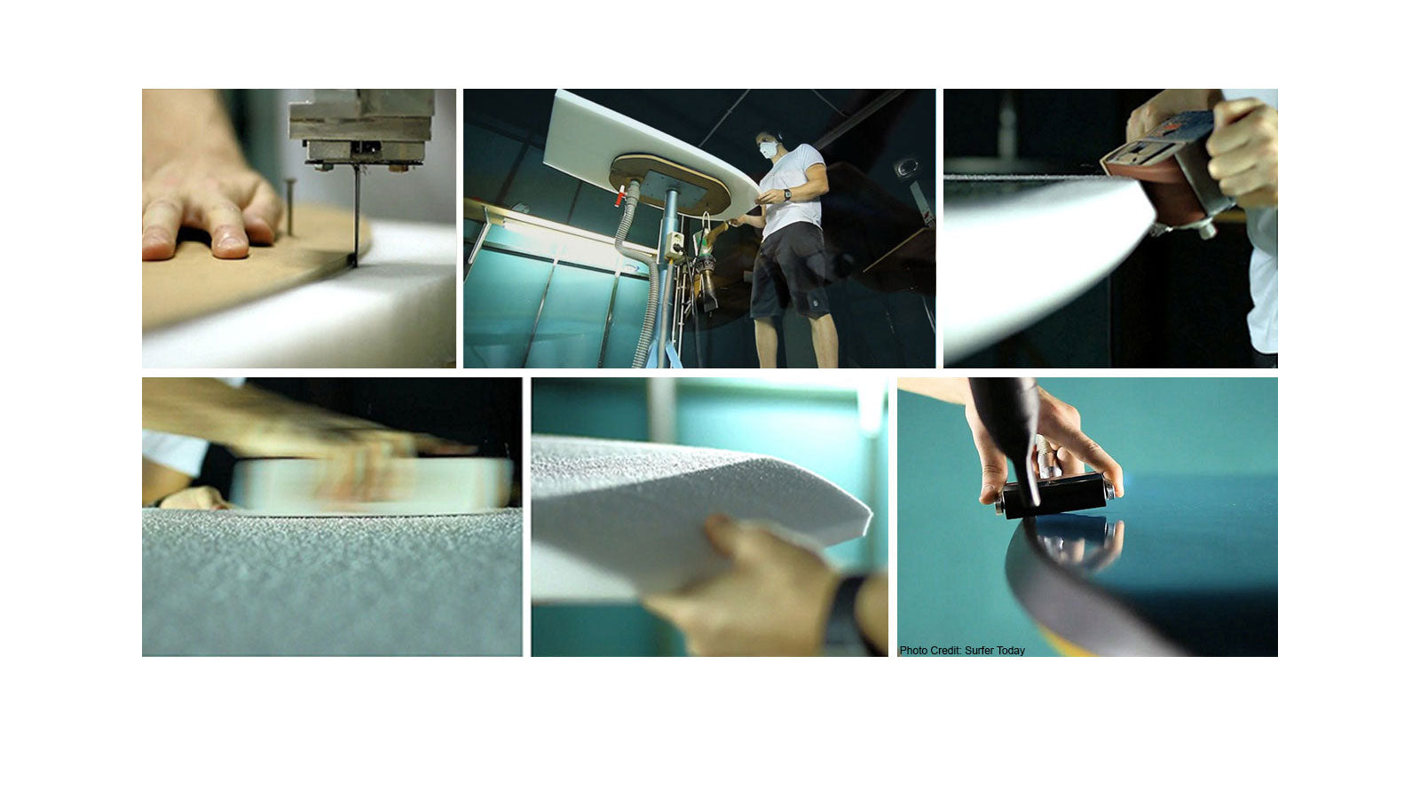 Five-panel image showing bodyboard shaping and manufacturing stages including CNC cutting, overhead shaping on a machine, hand planing the rail, foam core detail, and applying a slick skin bottom, photo credit Surfer Today.