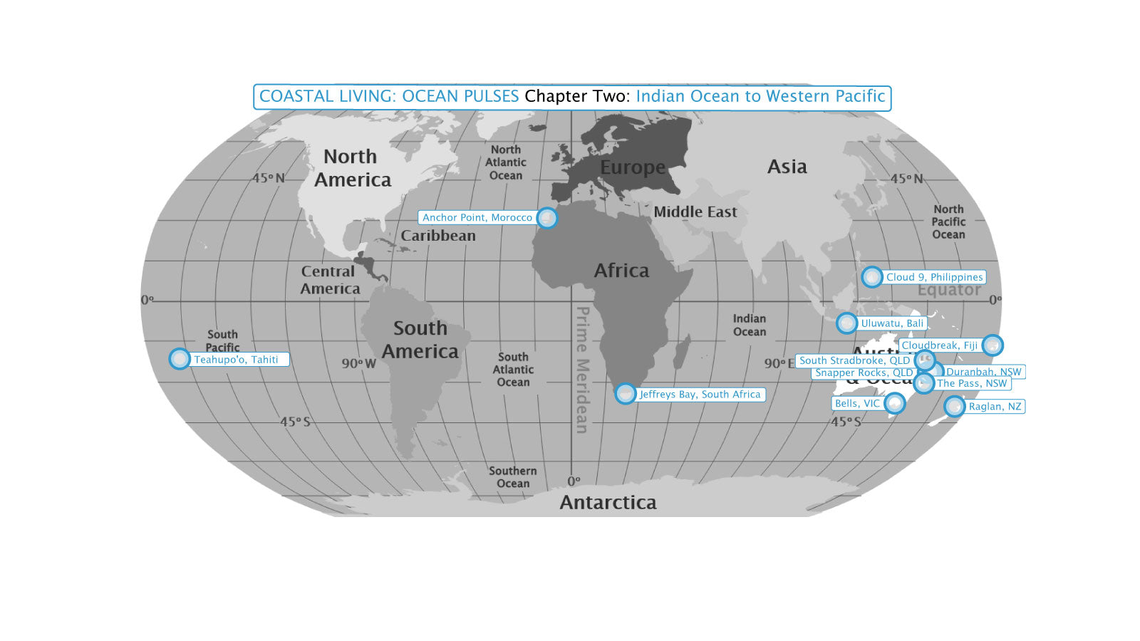 World map showing labelled surf locations across the Indian Ocean and Western Pacific, including Teahupo'o Tahiti, Uluwatu Bali, Cloudbreak Fiji, Jeffreys Bay South Africa, and breaks along the Australian east coast and New Zealand