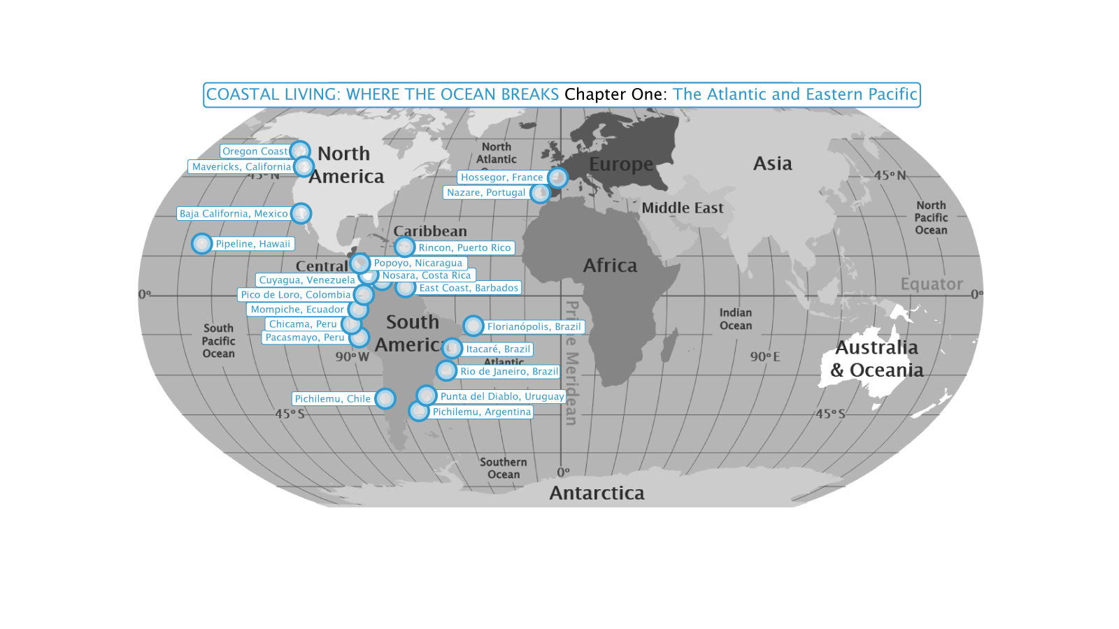 World map showing labelled surf locations across the Atlantic and Eastern Pacific, including Pipeline Hawaii, Mavericks California, Nazare Portugal, Hossegor France, and breaks across South America and the Caribbean
