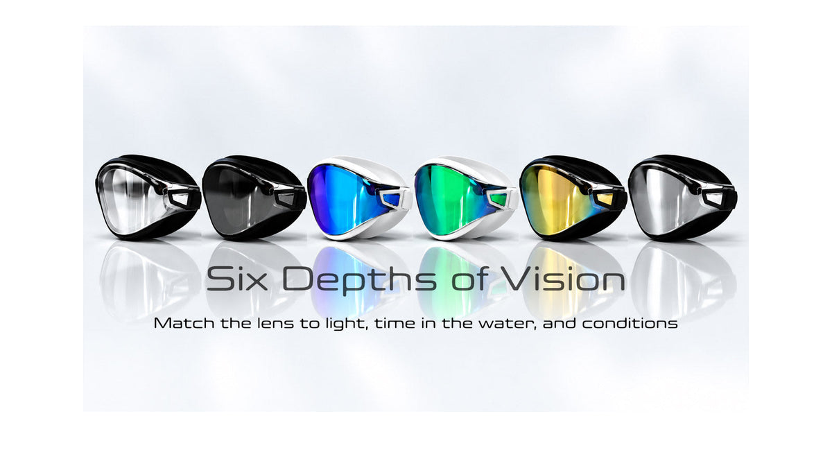 Six POD AquaLuxe swim goggle lenses in a row on a grey background, showing clear, smoke, blue mirror, green mirror, gold mirror, and silver mirror options, with the caption "Match the lens to light, time in the water, and conditions
