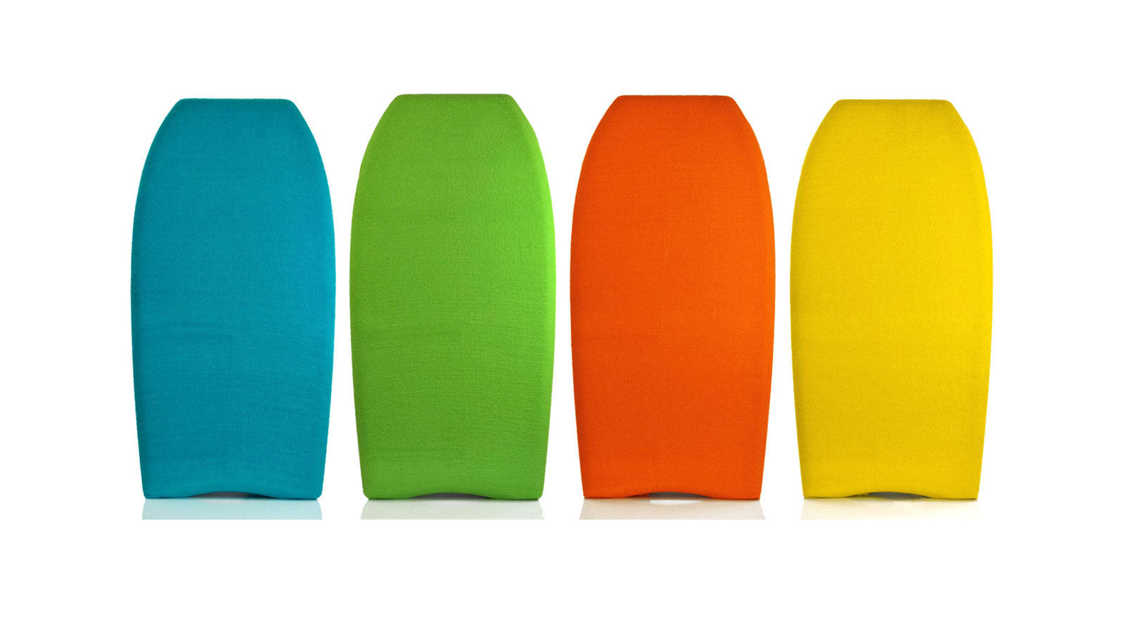 Four POD bodyboard stretch covers on a white background, in teal, lime, orange, and yellow, fitted to full-size bodyboards