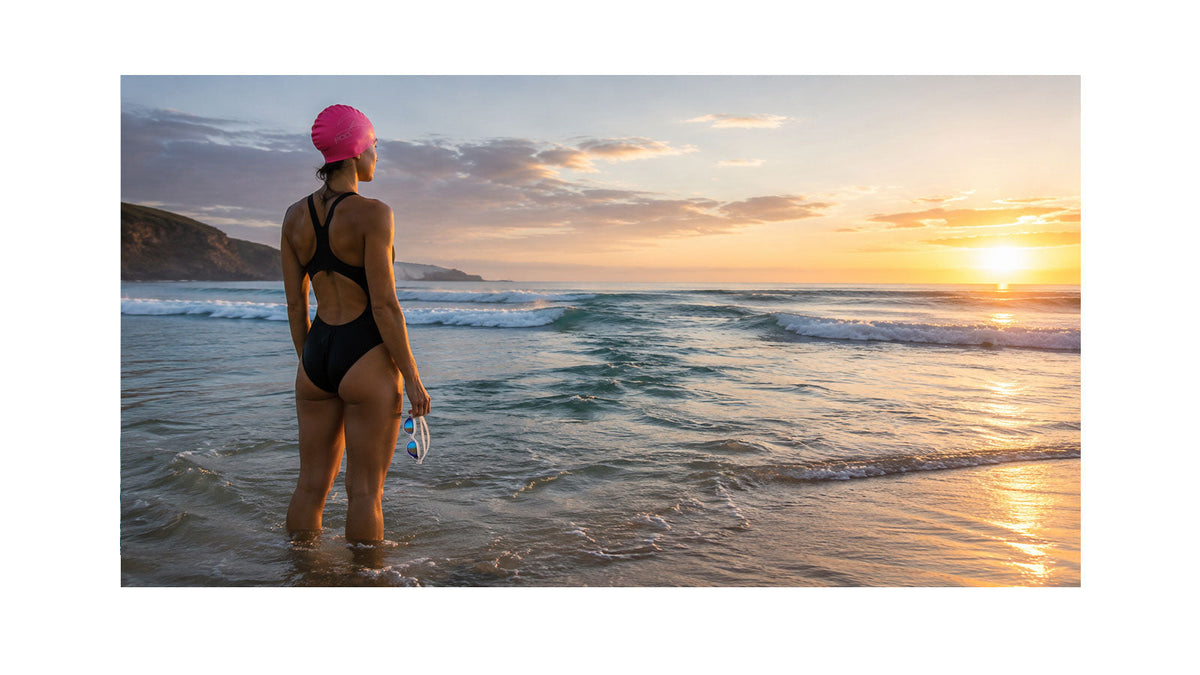 A female open-water swimmer standing at the shoreline in a black swimsuit and pink swim cap, holding AquaLuxe goggles at her side and looking out toward the ocean at sunrise, with coastal headland in the background