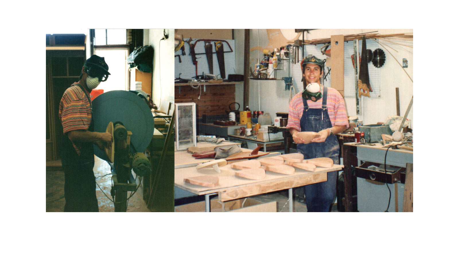 Shane Vassallo hand-shaping early POD cedar handboards in his Sydney workshop in the 1990s, shown sanding a board on a disc sander and standing beside a workbench with multiple handboard blanks in progress.