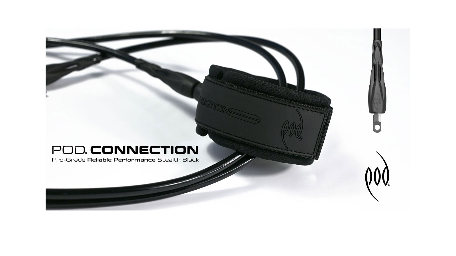 POD Connection bicep leash in stealth black showing the padded cuff, coiled cord, and organic fusion connector detail, with a close-up of the connector pin alongside the POD logo