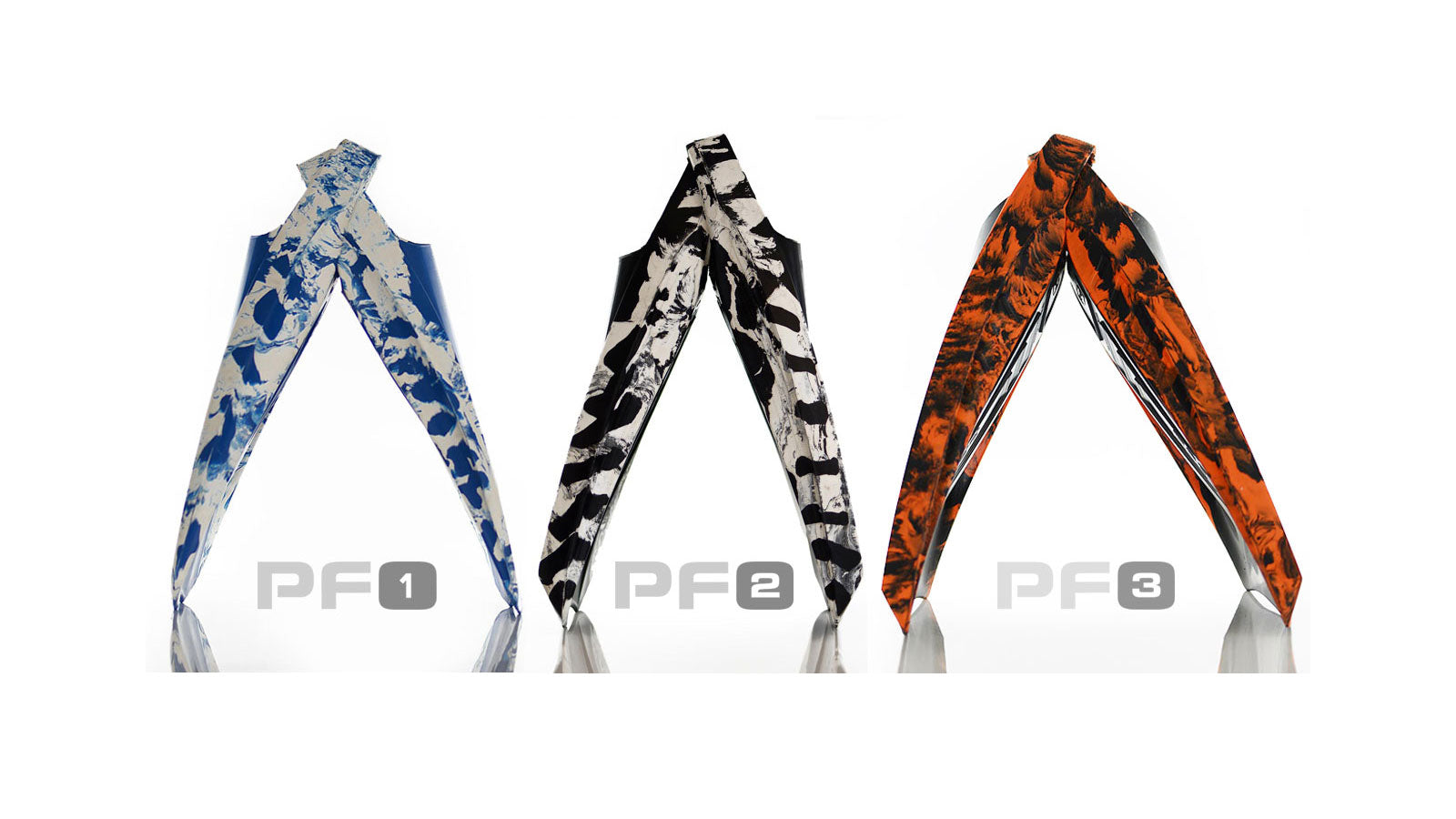 POD PF1, PF2, and PF3 natural rubber swim fins standing upright on a white background, showing the blue and white PF1, black and white PF2, and orange and black PF3 with model labels beneath each