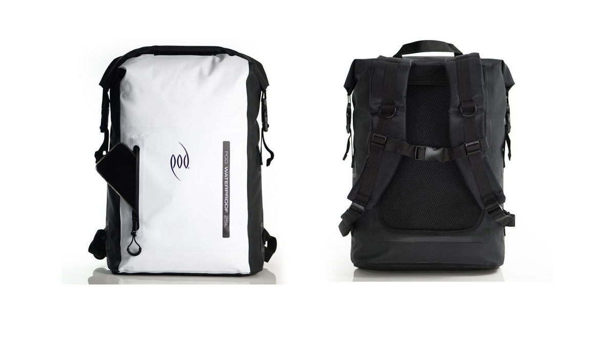 POD Waterproof 25L backpack shown from the front in white with roll-top closure and front zip pocket, and from the rear in black showing the mesh back panel, padded shoulder straps, and chest strap