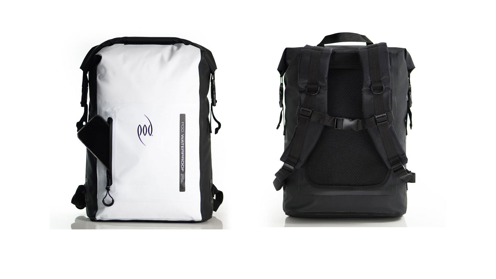 POD Waterproof 25L backpack shown from the front in white with roll-top closure and front zip pocket, and from the rear in black showing the mesh back panel, padded shoulder straps, and chest strap