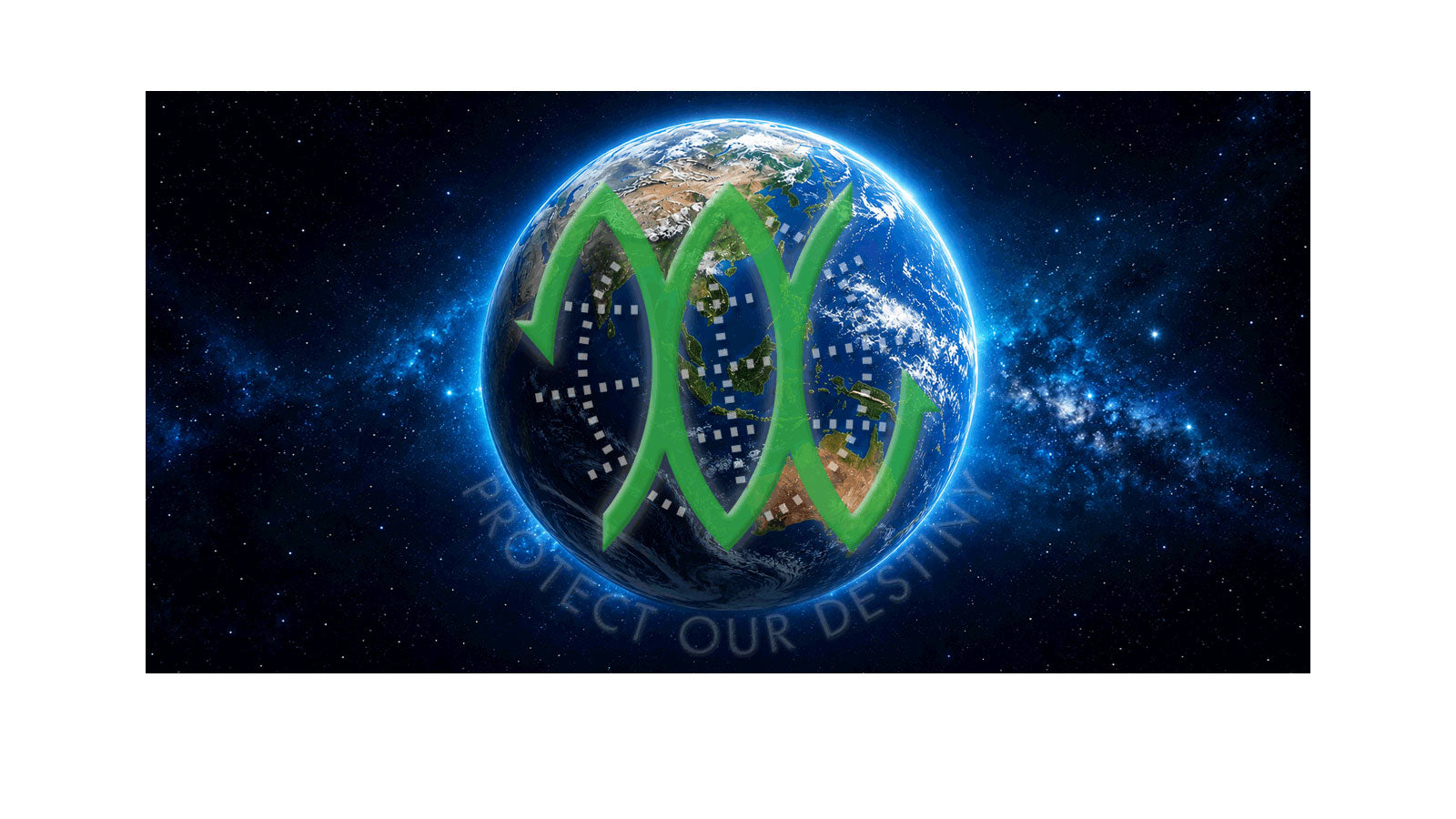 POD Protect Our Destiny logo in green overlaid on planet Earth viewed from space against a blue star field, with the Protect Our Destiny tagline arcing beneath the globe.