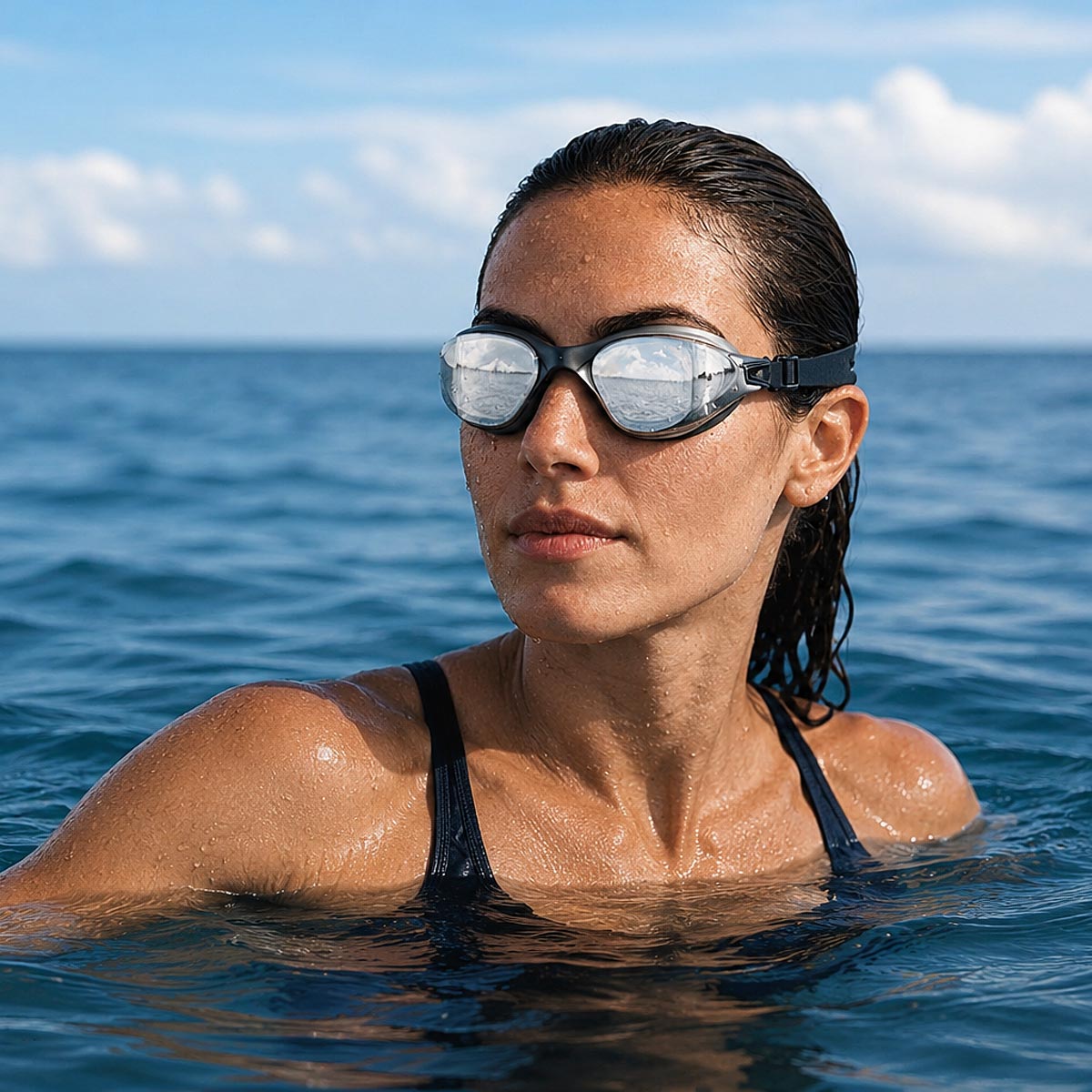 A female swimmer in open water wearing POD AquaLuxe Black Max swim goggles with silver mirror lenses and a black frame, with water droplets on her face and open ocean in the background