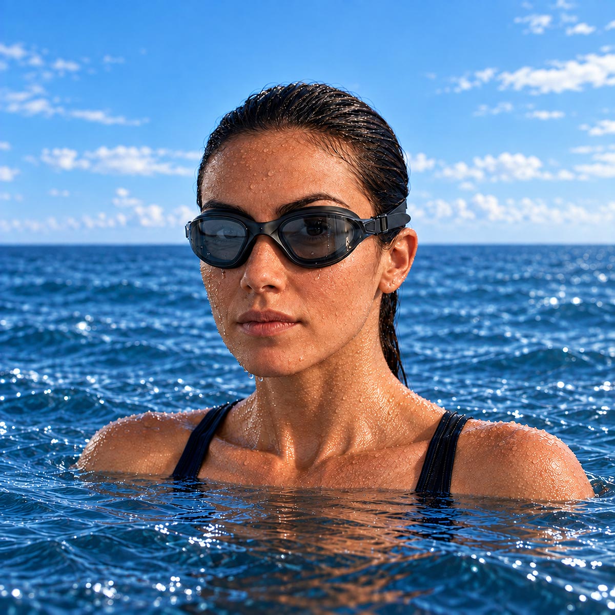 A woman in the ocean wearing AquaLuxe Black Tinted Lens Swim Goggles for Bright Conditions and a black bikini top, with blue water and sky in the background.