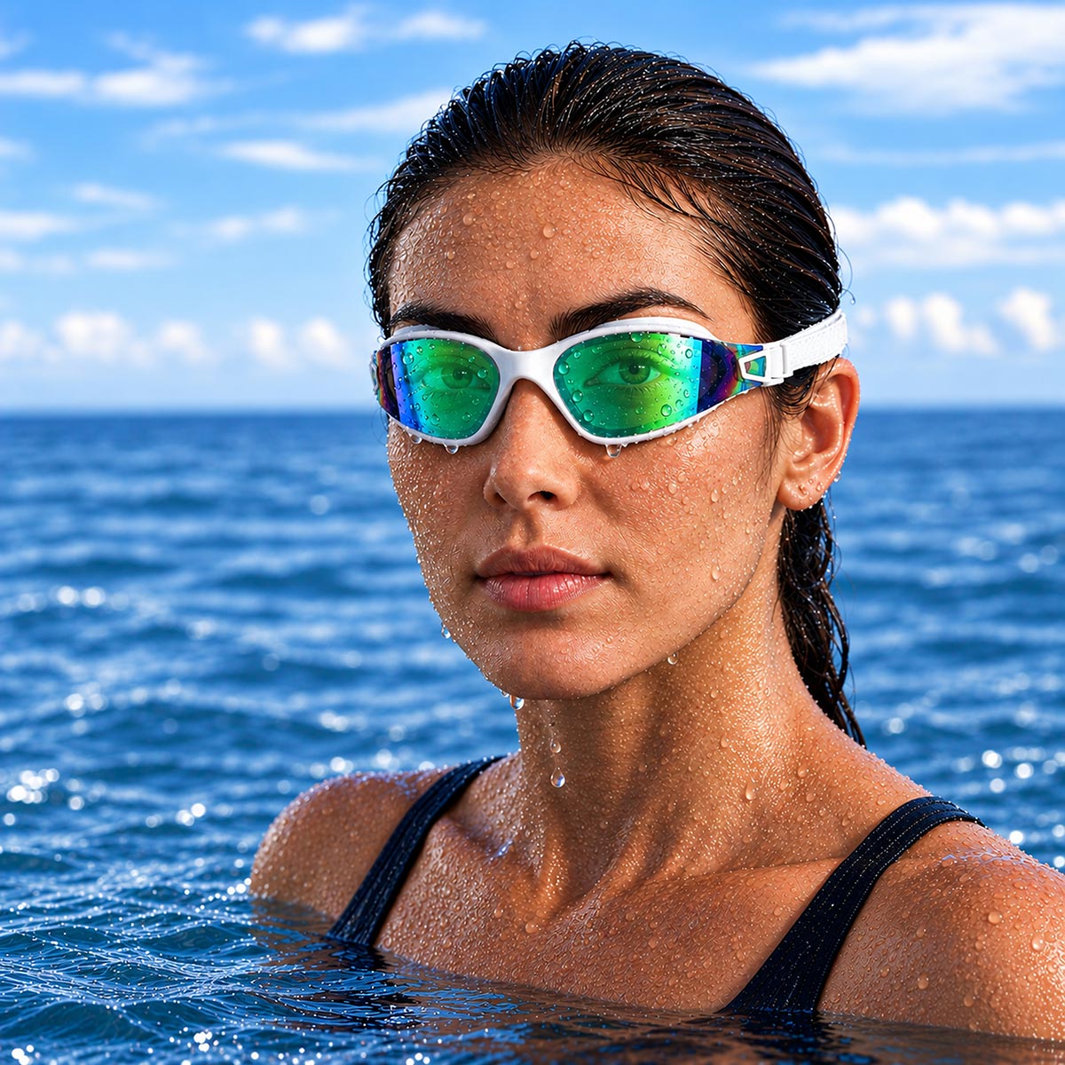 A female swimmer in open water wearing POD AquaLuxe swim goggles with green mirror lenses and a white frame, with water droplets on her face and open ocean and clouds in the background