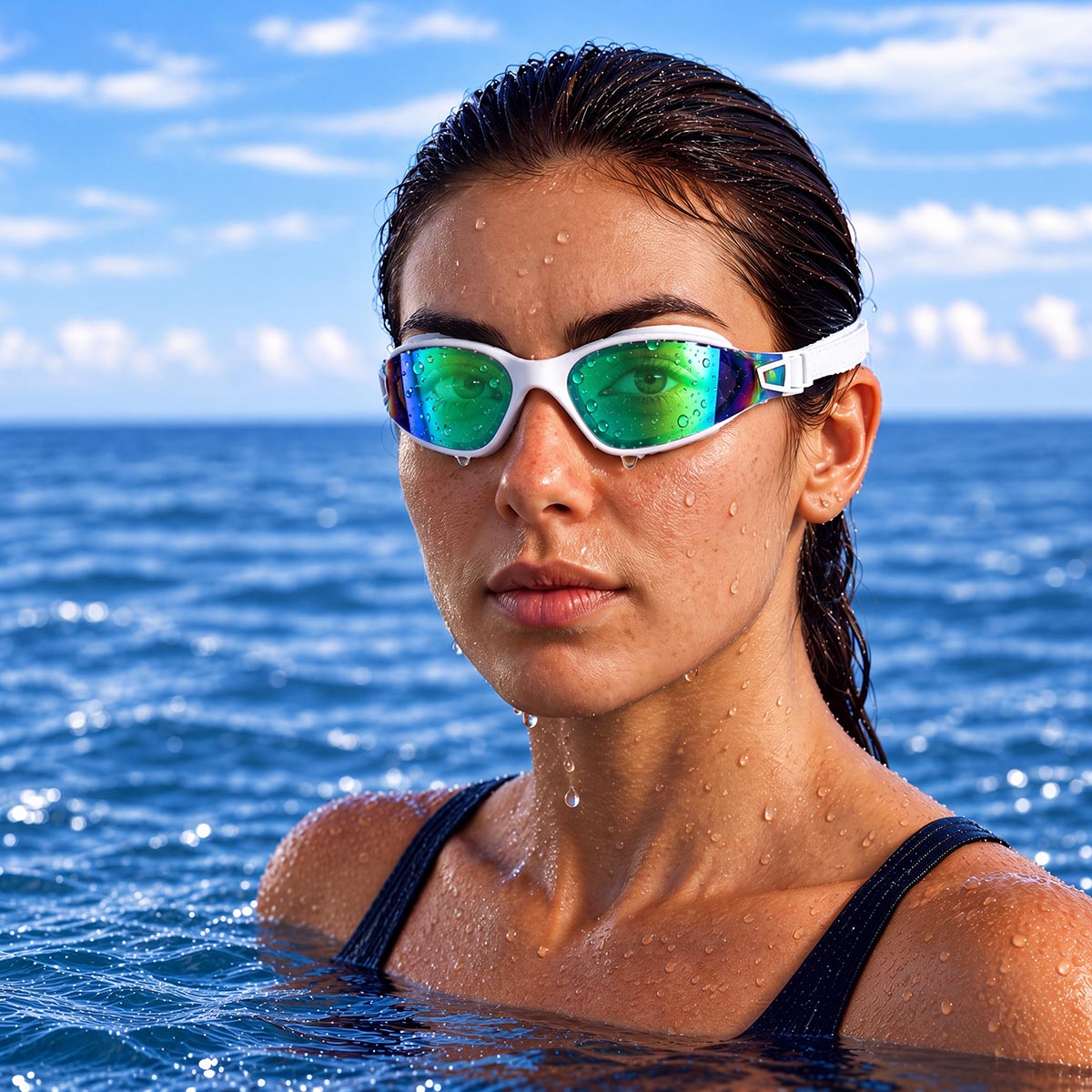 A women swimmer in open water wearing POD AquaLuxe swim goggles with green mirror lenses and a white frame, with water droplets on her face and open ocean and clouds in the background
