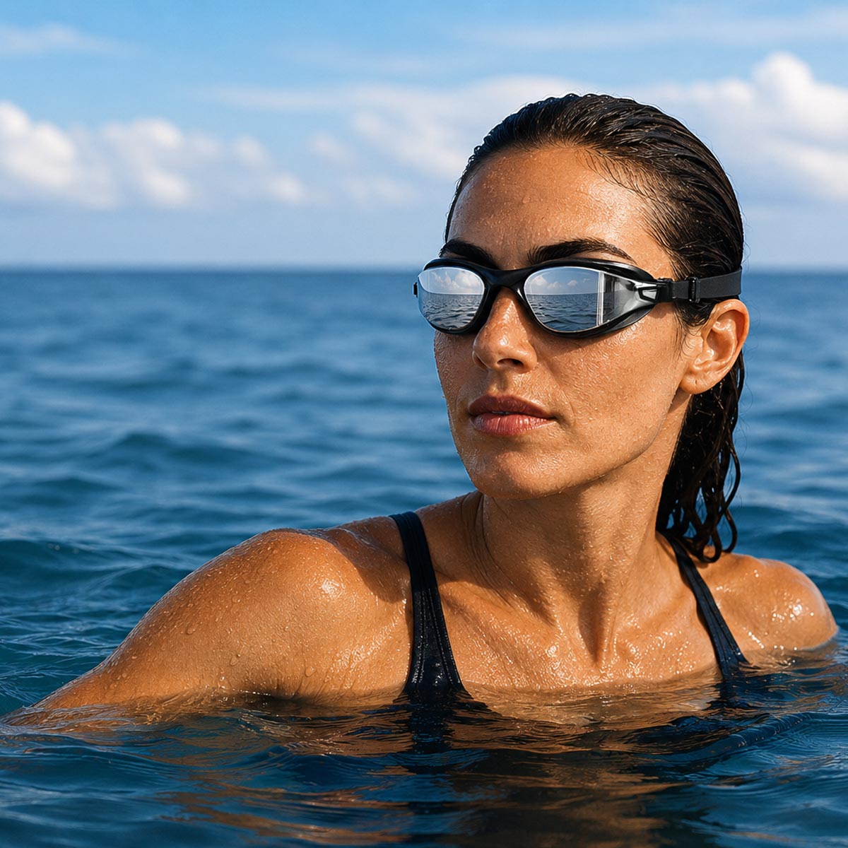 A woman in a black swimsuit and black swim goggles floating in the blue ocean under a cloudy sky.