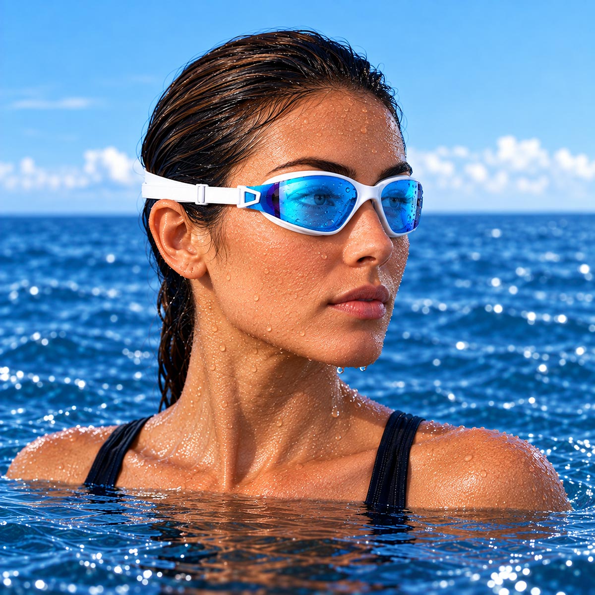A woman in the ocean wearing AquaLuxe White – Blue Mirror Lenses Swim Goggles for Glare for Glare with blue water and sky in the background.