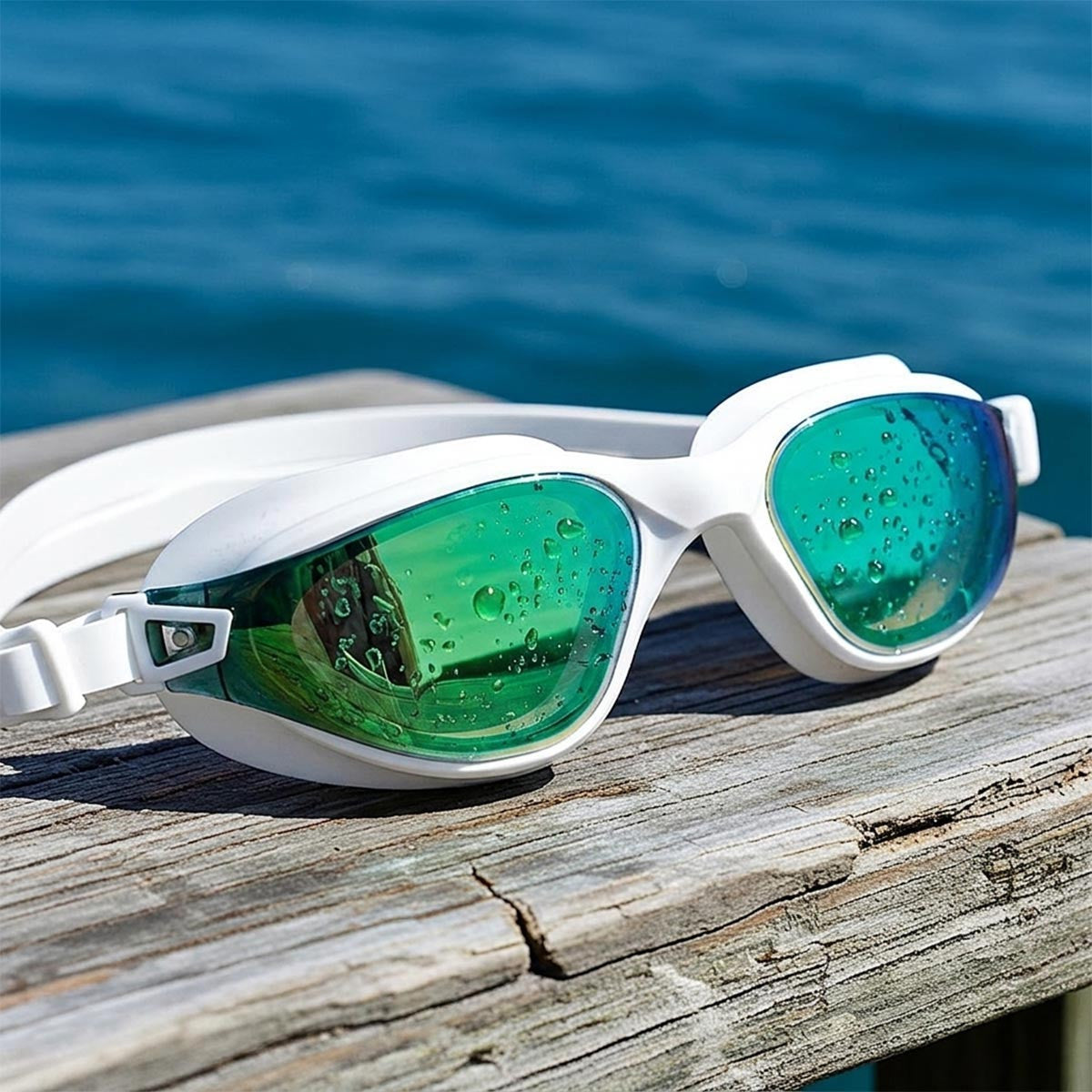 Green Mirror Lenses AquaLuxe White Line Swim Goggles