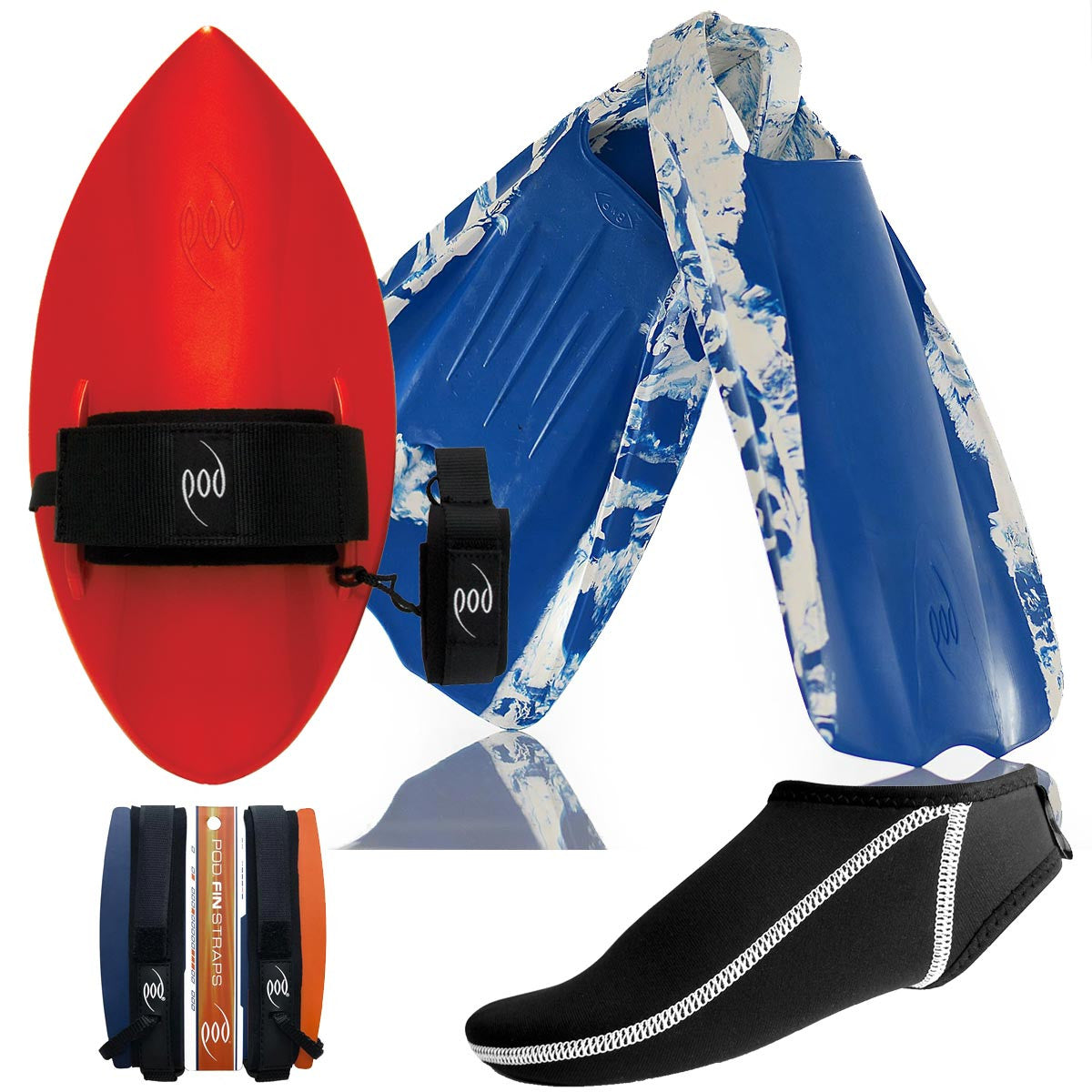 PF1 POD Swim Fins Blue/White Red Handboard Fin Socks and Savers
