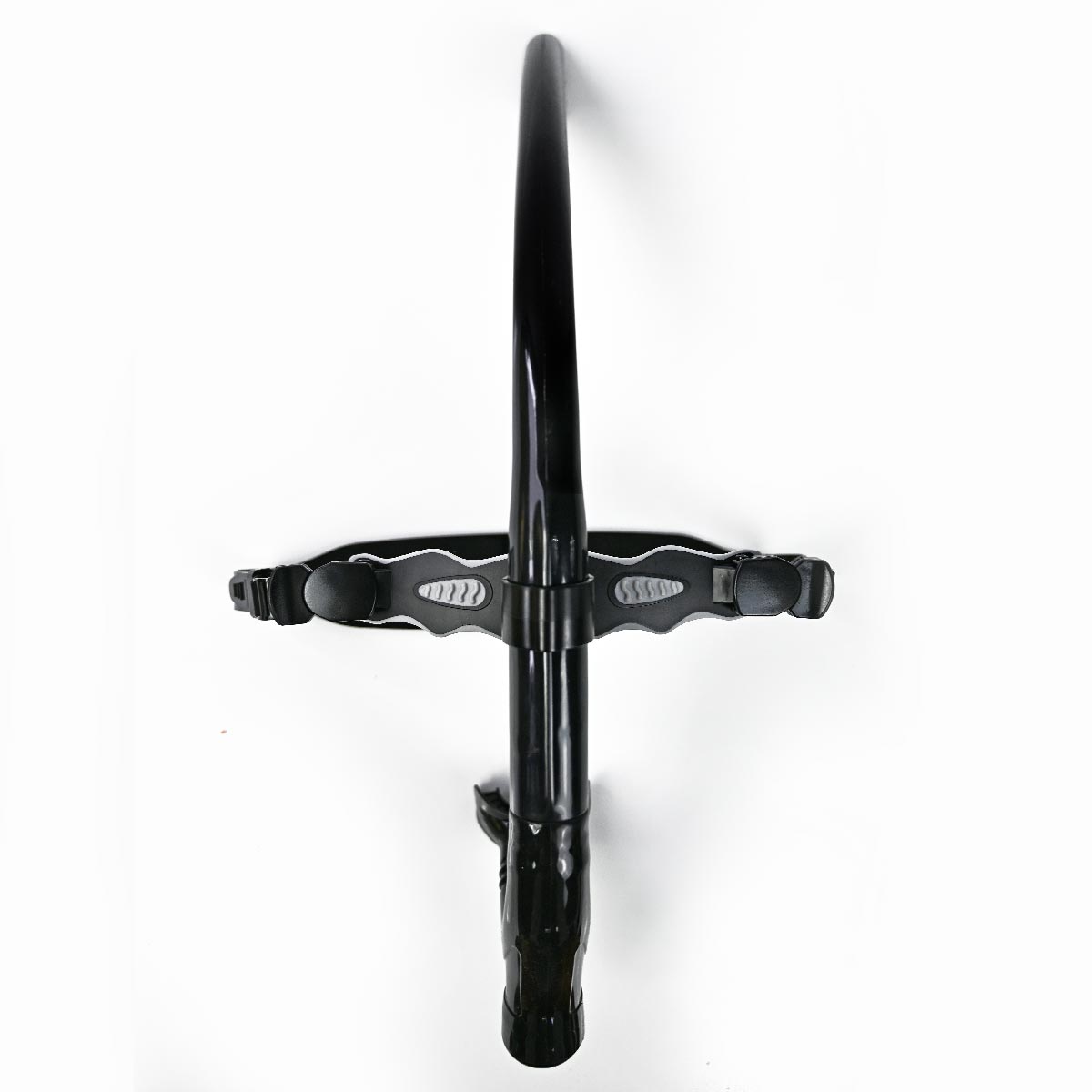 A black centre swim training snorkel with a clear silicone mouthpiece, a black strap and tube, set against a plain white background.