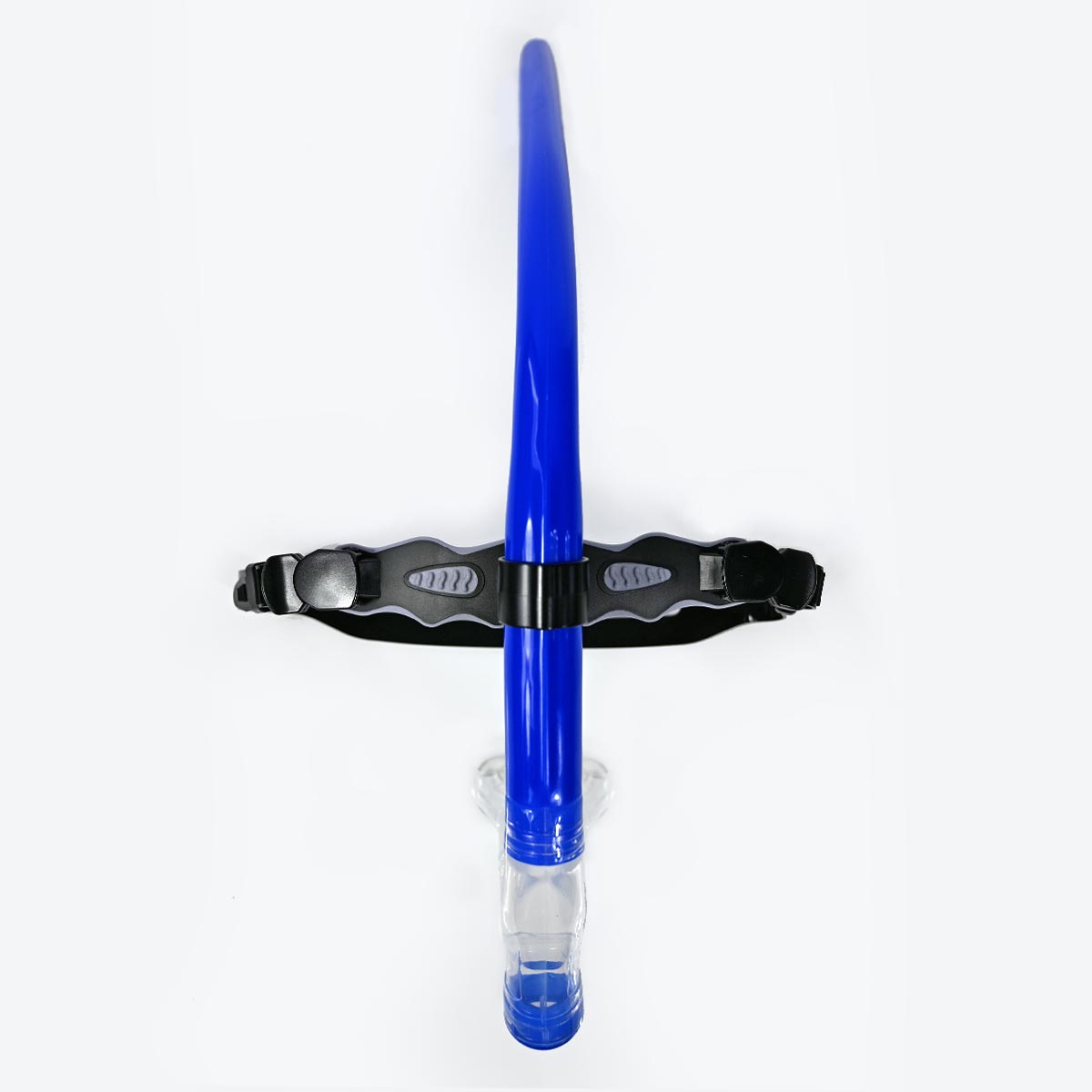 A blue swim training snorkel with a black and gray adjustable head strap, mounted on a clear stand against a white background.