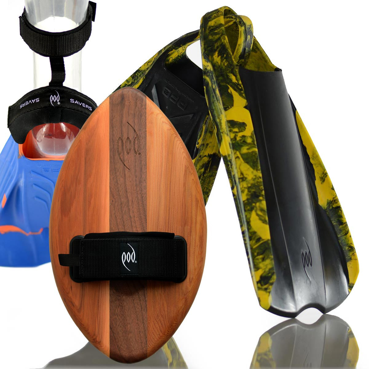 FLO Cedar/Walnut POD Handboard PF2 Swim Fins Black/Yellow Heel Protectors Fin Savers