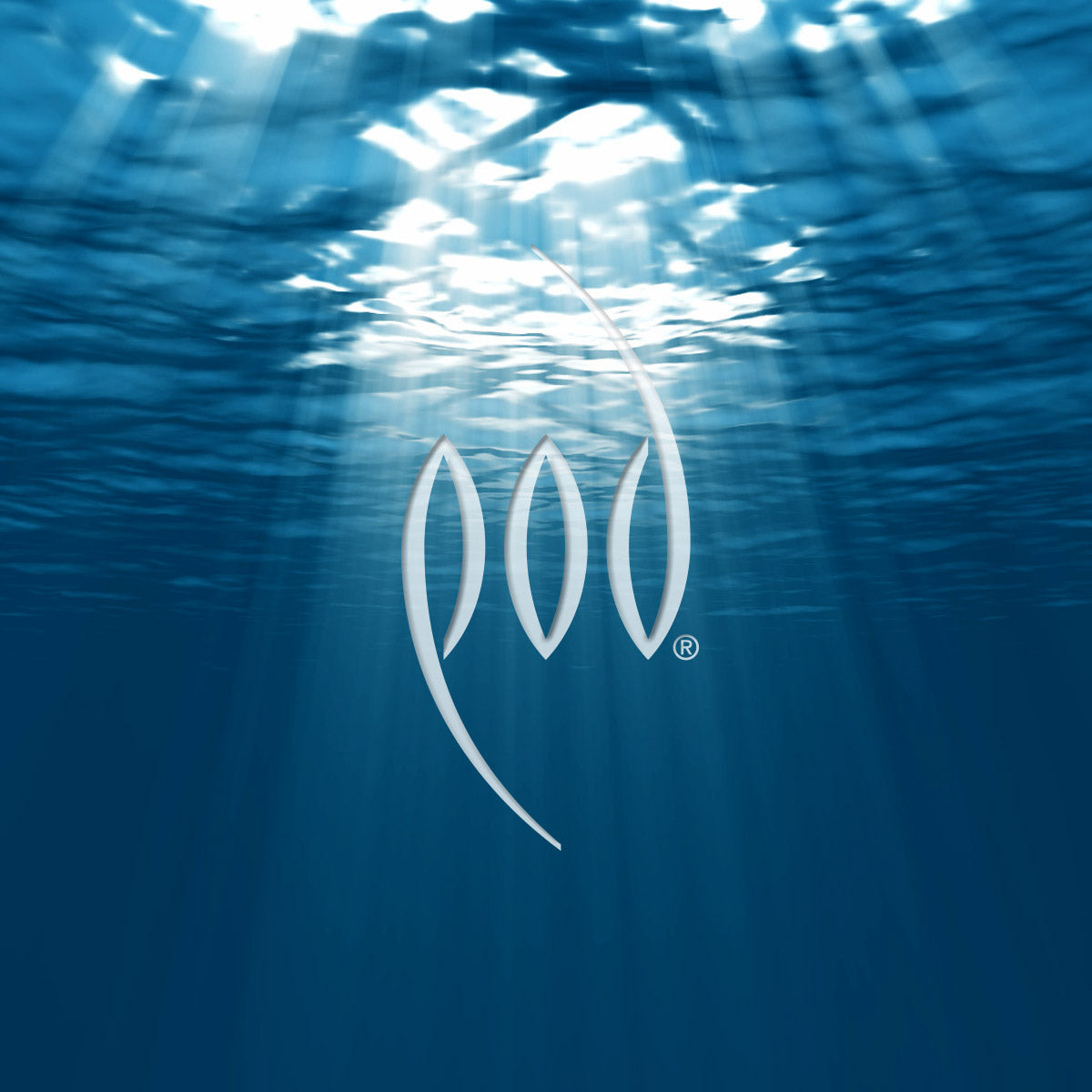 A white stylized logo resembling three curved leaf-like shapes with a registered mark, centered underwater against blue rays of light filtering through the surface.