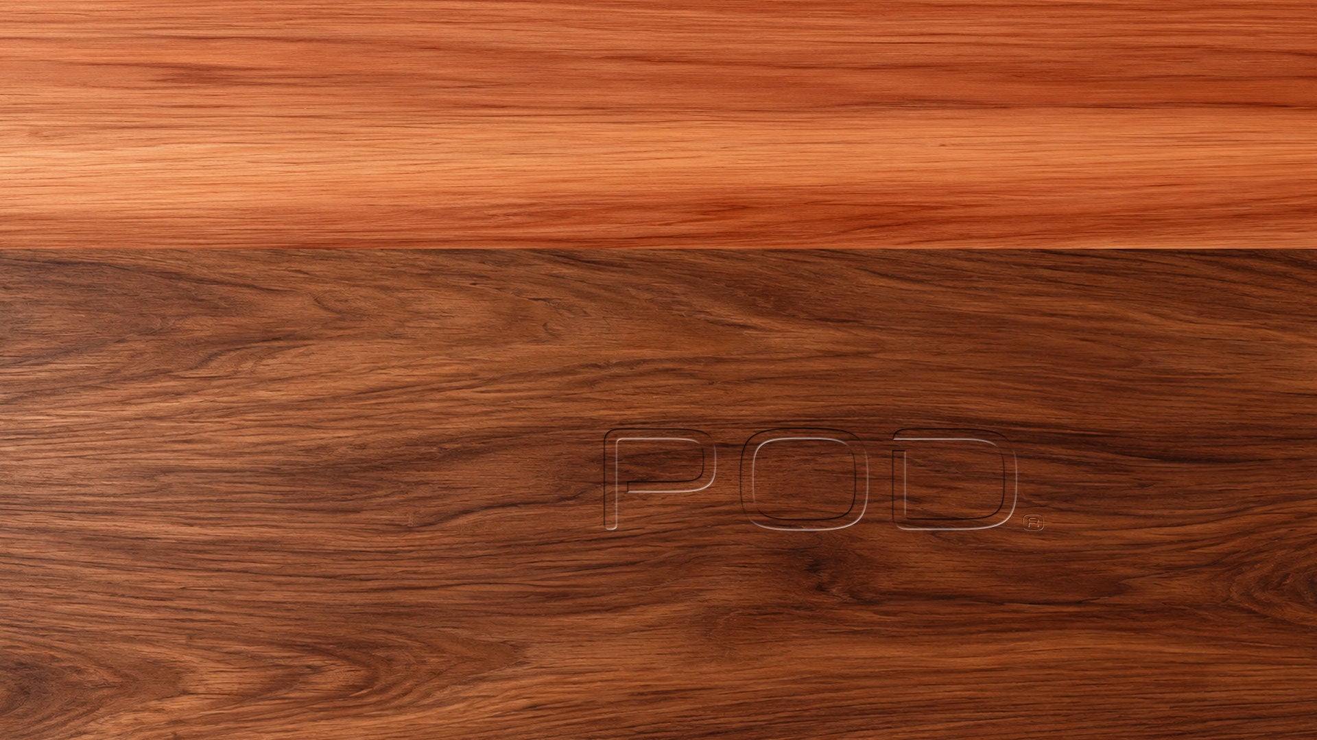 Two contrasting timber grain textures, lighter cedar above and darker walnut wood below, with the POD logo embossed into the lower panel