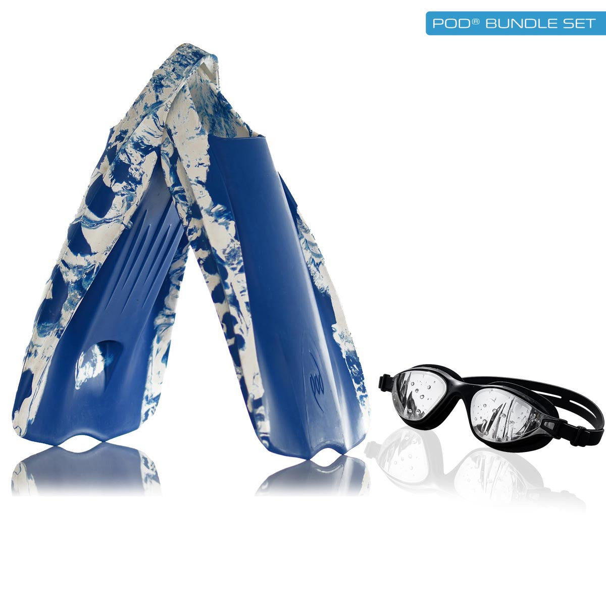 Variegated Blue/White PF1 POD Swim Fins and AquaLuxe Black Max Swim Goggles Silver Mirror Lenses