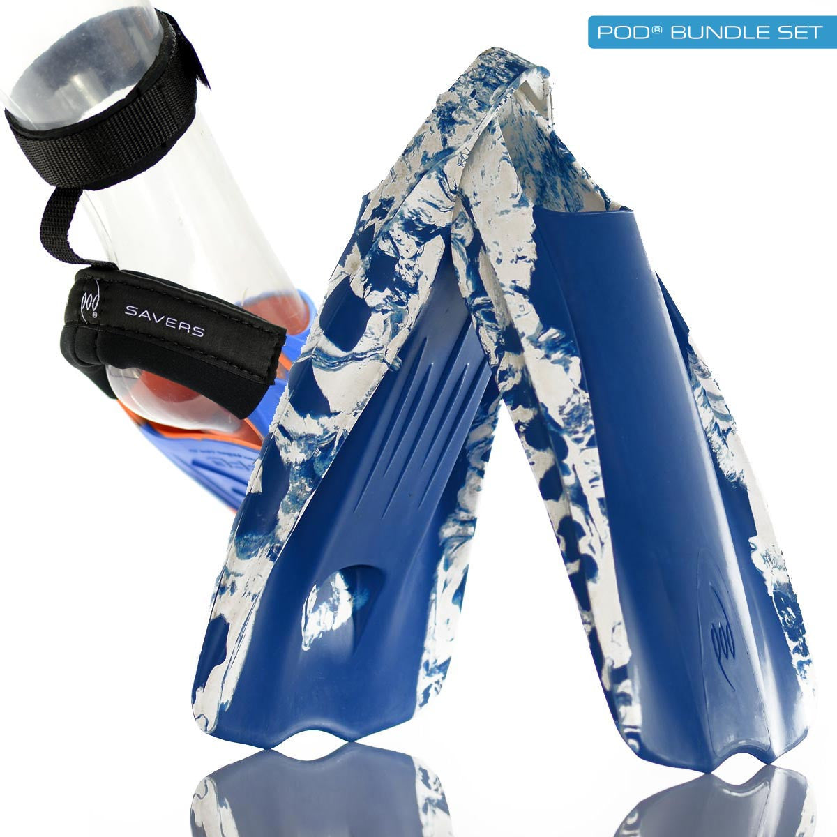 POD PF1 Swim Fins Blue/White Heel Protectors Fin Savers