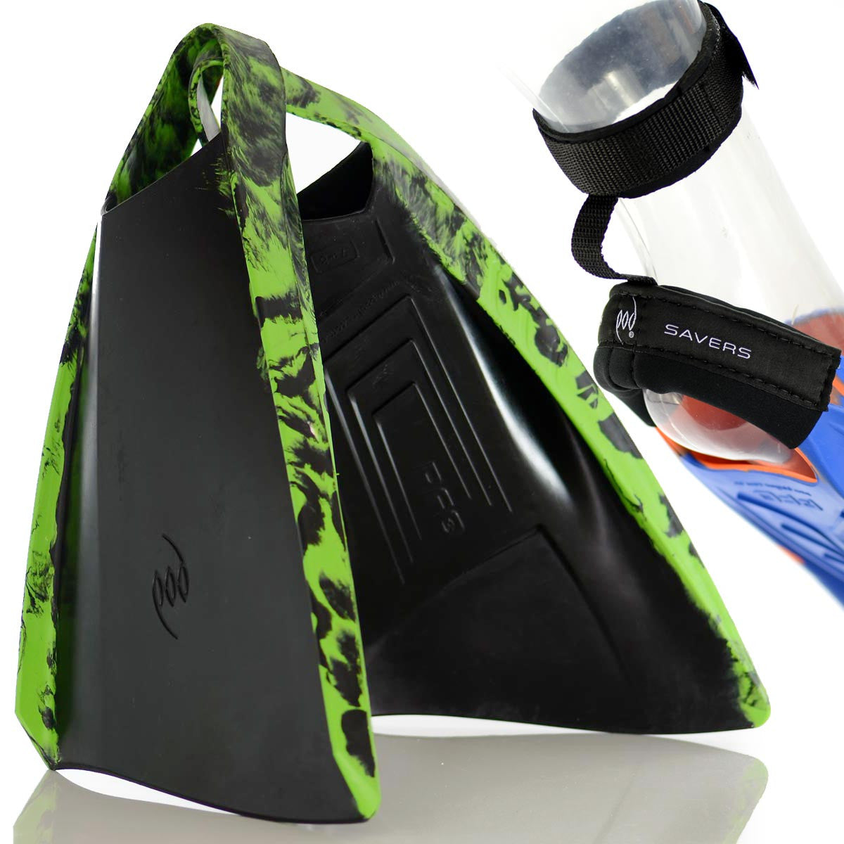 PF3 POD Swim Fins Black/Lime Fin Savers and Heel Protectors