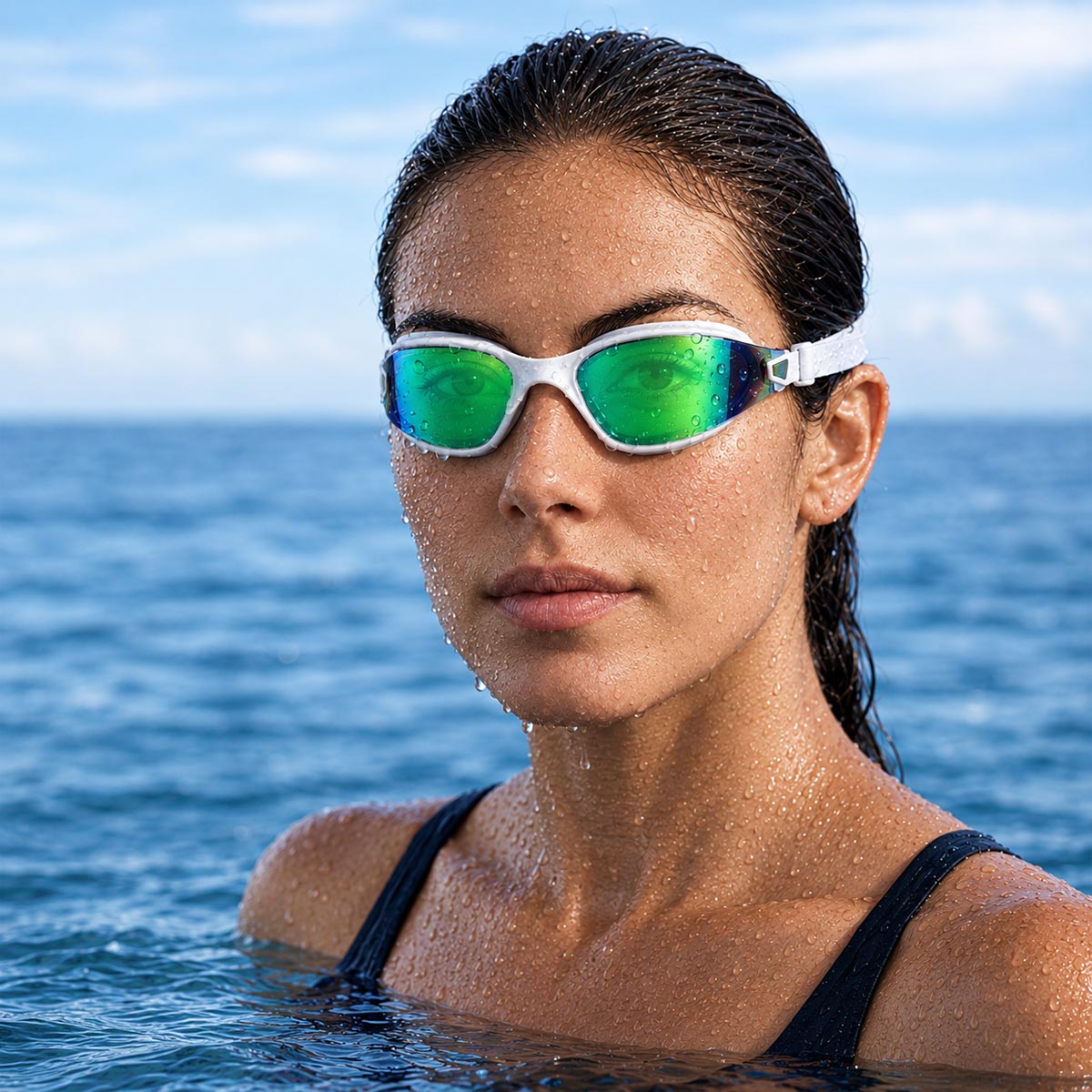A female swimmer in open water wearing POD AquaLuxe swim goggles with green mirror lenses and a white frame, with water droplets on her face and open ocean and clouds in the background