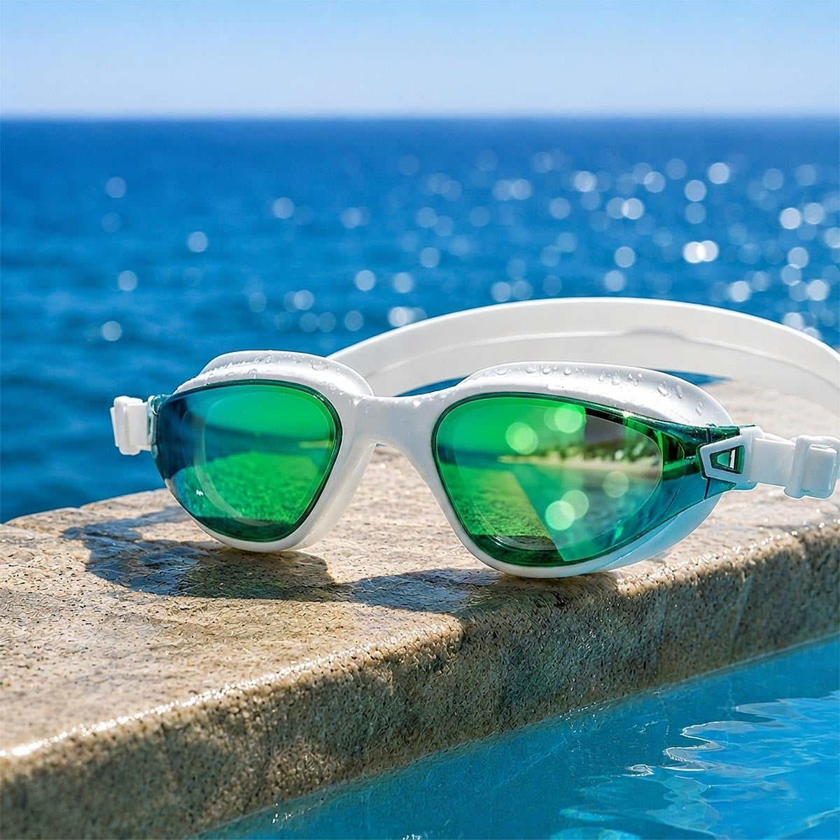 AquaLuxe Swim Goggles White Line Green Mirror Lenses