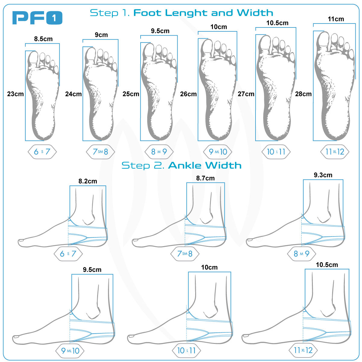 POD PF1 Swim Fins Foot and Ankle Size Guide