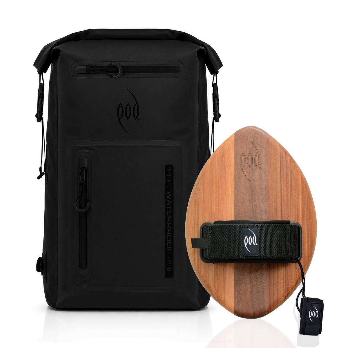 POD Black/Black Waterproof Backpack 40L + WOO Cedar Walnut Bodysurfing Handboard