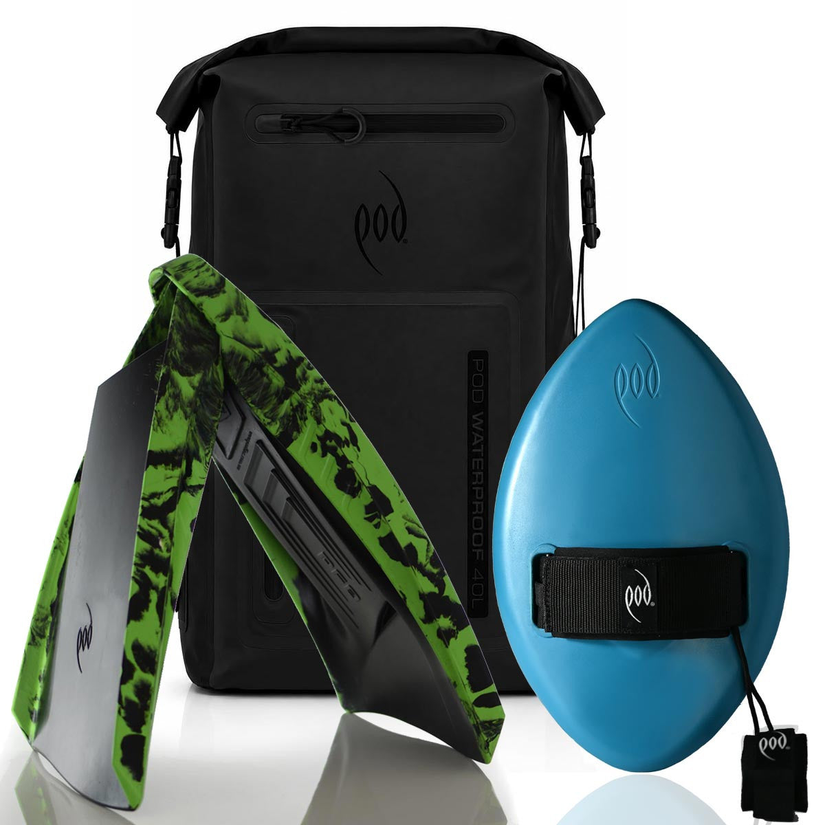 POD Black/Black Waterproof Backpack 40L + Tropical Teal Black WOW 13" Handboard + Black/Lime PF3 Fins