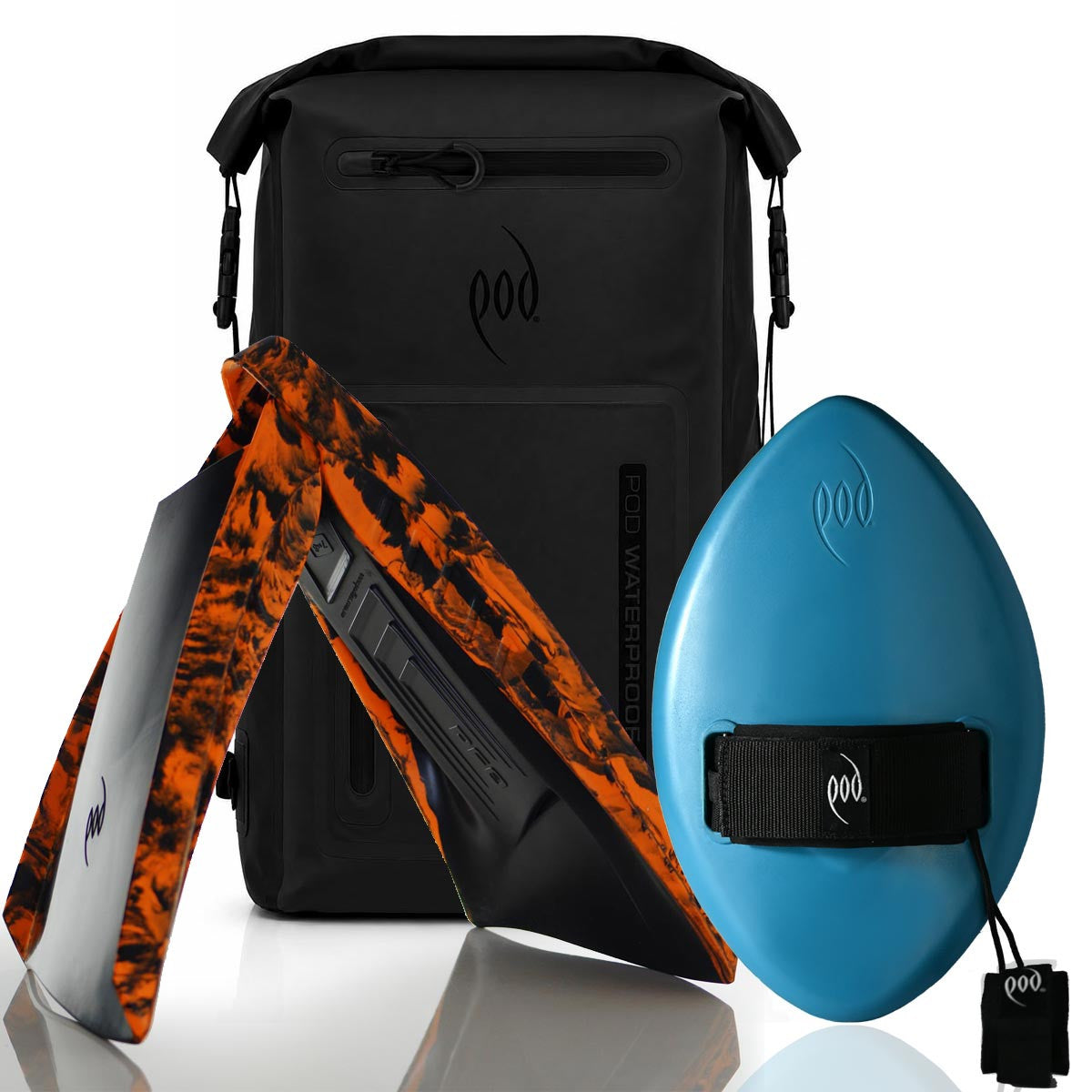 POD Black/Black Waterproof Backpack 40L + Tropical Teal Black WOW 13" Handboard + Black/Orange PF3 Fins