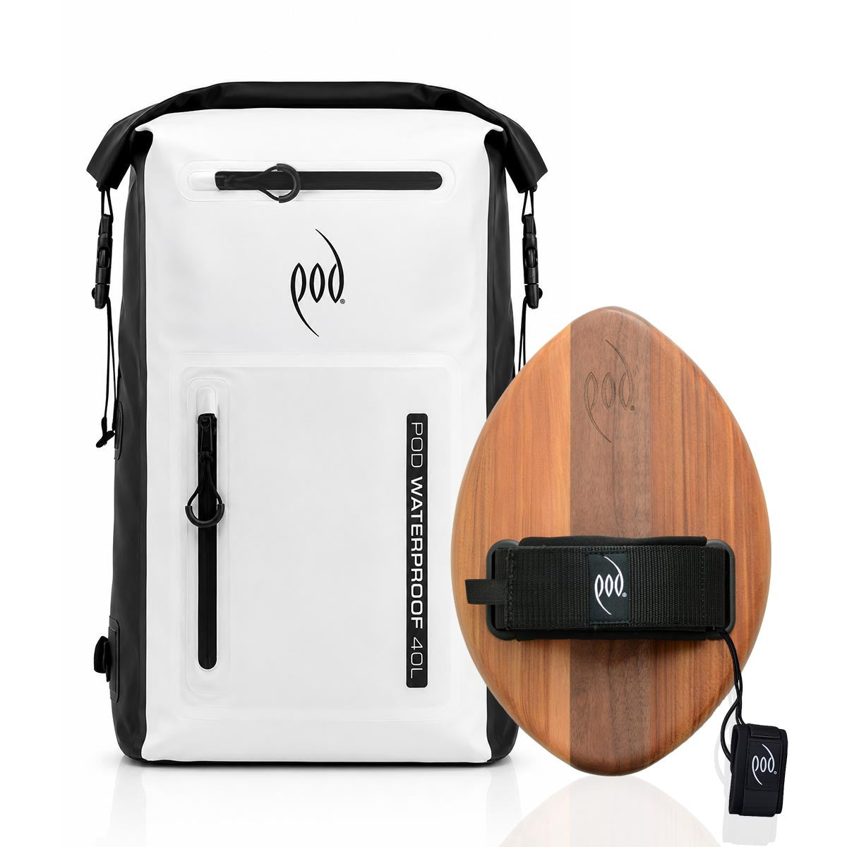 POD Black/White Waterproof Backpack 40L + WOO Cedar Walnut Bodysurfing Handboard