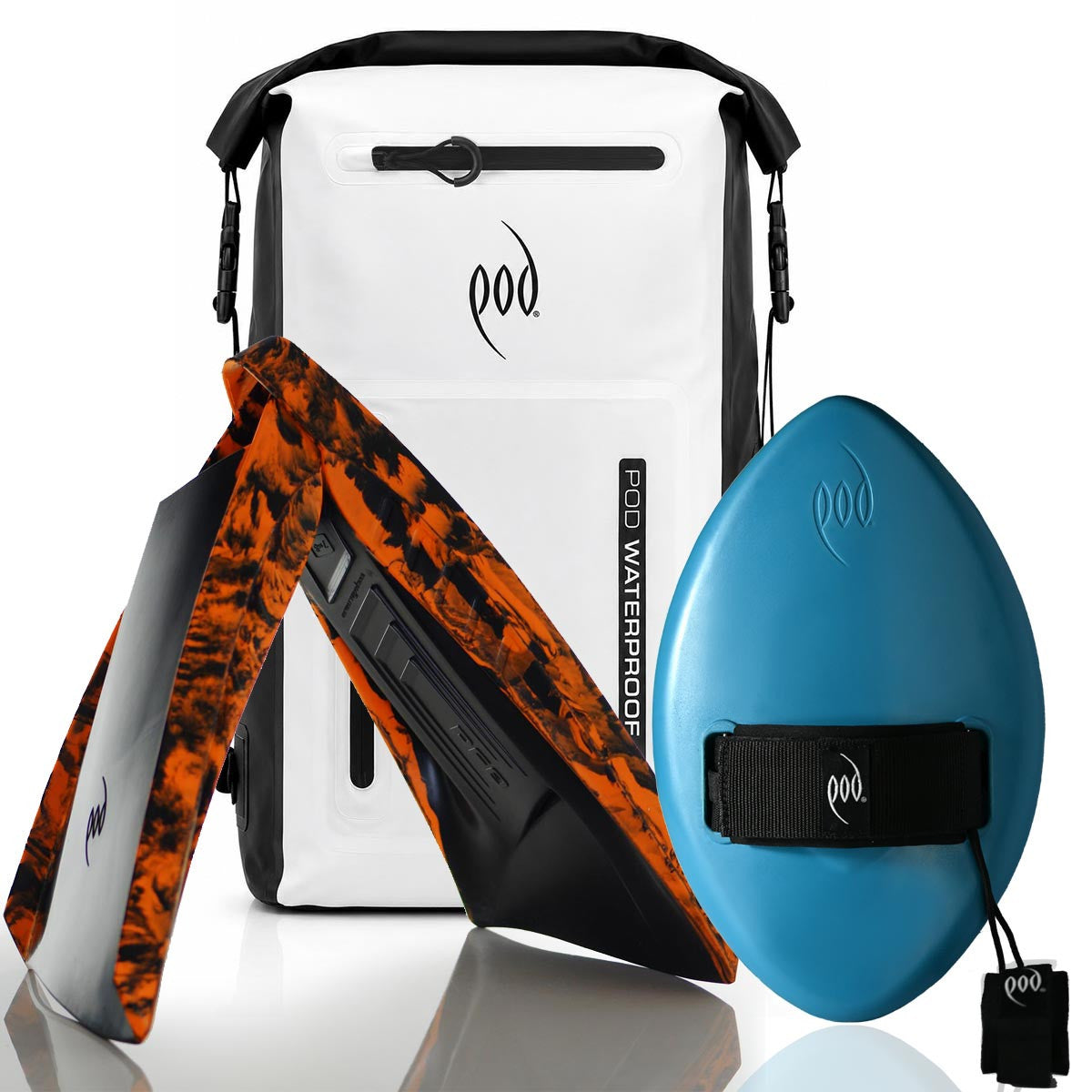 POD Black/White Waterproof Backpack 40L + Tropical Teal Black WOW 13" Handboard + Black/Orange PF3 Fins