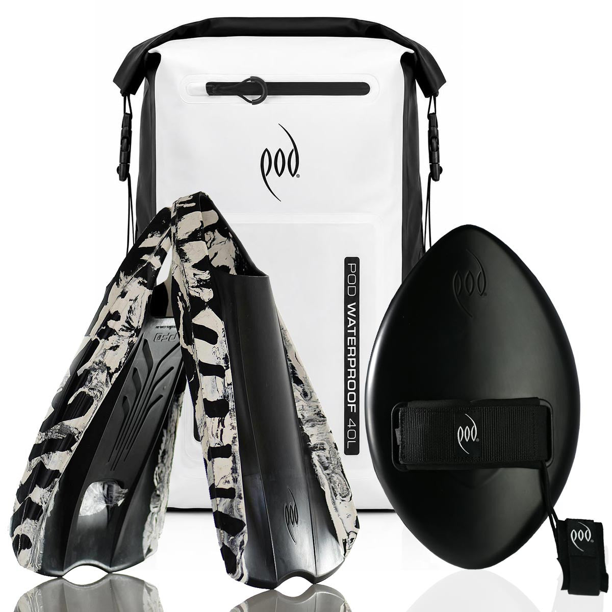 POD White/Black Waterproof Backpack 40L + Stealth Black WOW 13" Handboard + Black/White PF2 Fins