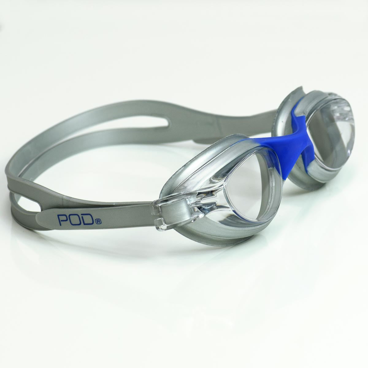 Clear Lens POD Swim Goggles Silver/Blue Frame and Headband