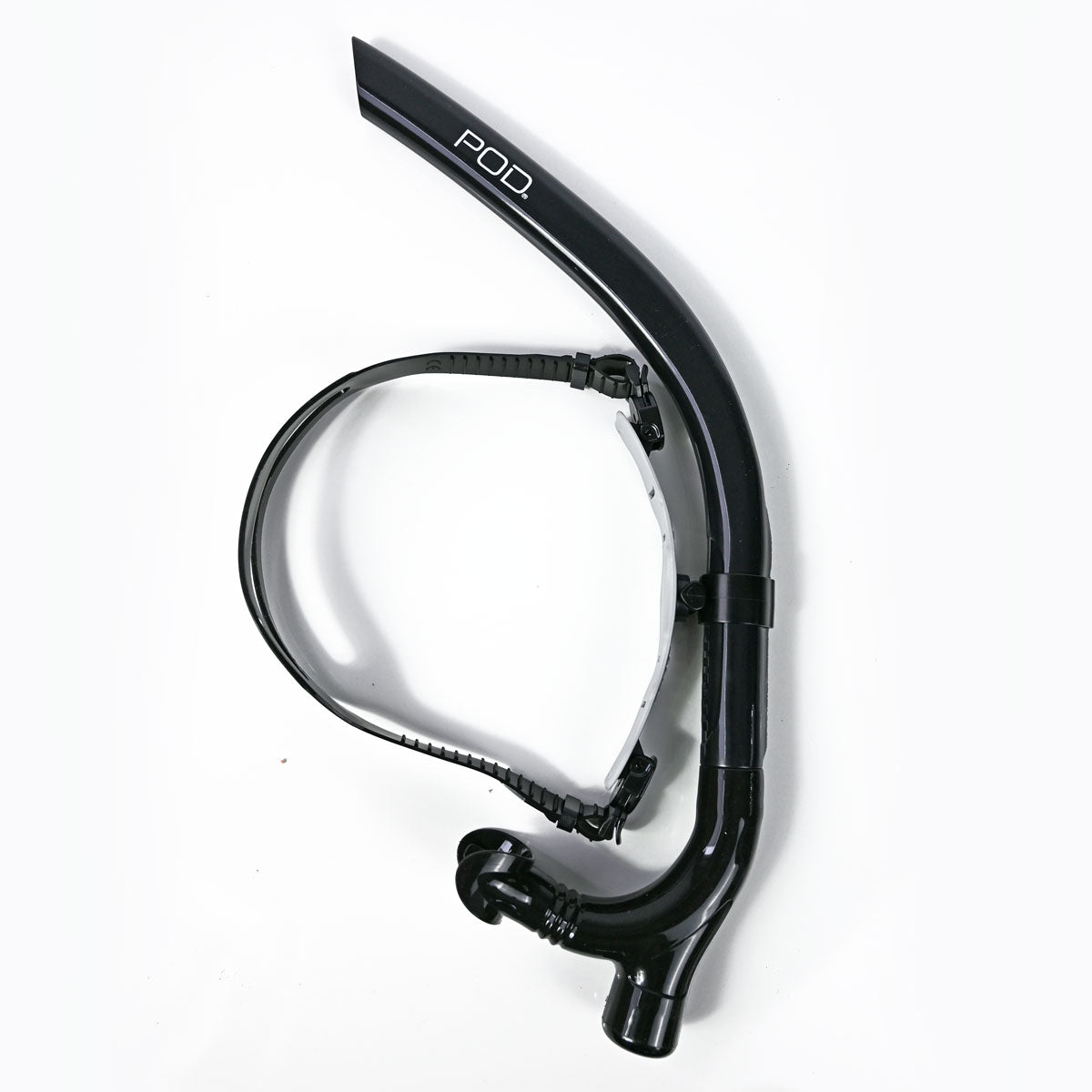 A black centre swim training snorkel with a clear silicone mouthpiece and a black strap, featuring the white brand name 'POD' on the curved tube, set against a plain white background.