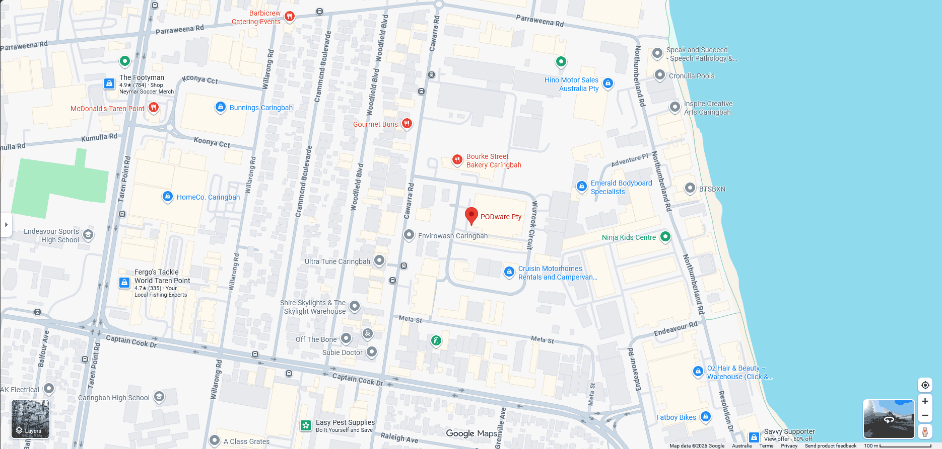 Google Maps view of Caringbah showing the PODware Pty location pin on Wurrook Circuit, with surrounding streets including Woodfield Boulevard, Cawarra Road, and Northumberland Road, and the coastline visible to the east