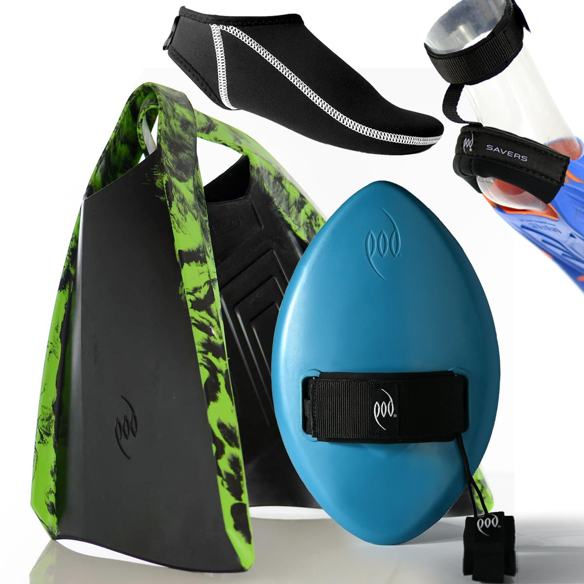 Teal WOW Hand Plane + Black/Lime PF3 + Swim Fin Socks + Fin and Heel Savers