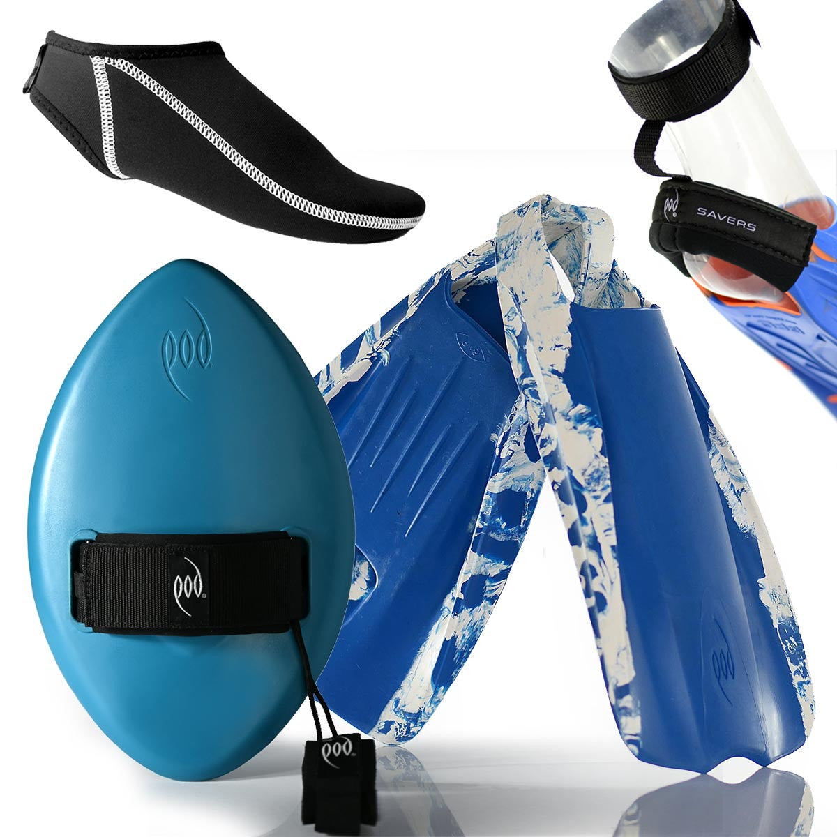 Teal WOW Handboard + Blue White PF1 POD Fins + Swim Fin Socks + Fin and Heel Savers