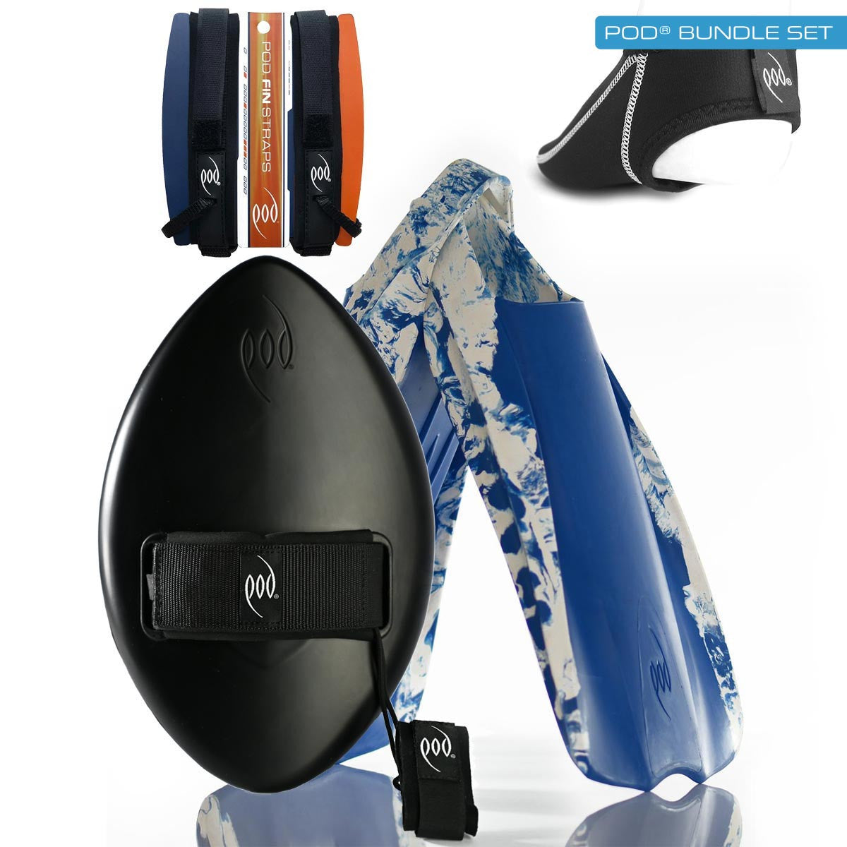 WOW Handplane Black + POD 1 Swim Fins Blue White + Fin Socks + Fin Savers