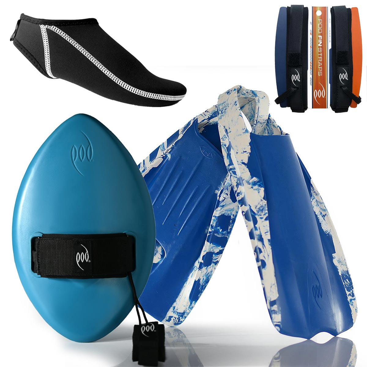 WOW Handplane Teal + POD 1 Swim Fins Blue White + Fin Socks + Fin Savers
