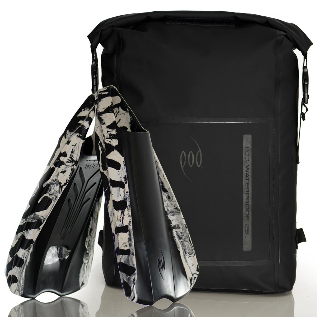 Waterproof Backpack Black Black 25L Rucksack Dry Bag PF2 POD Swim Fins Black White