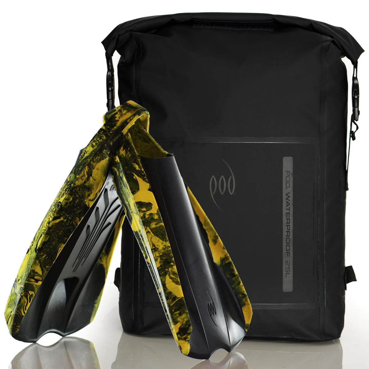 Waterproof Backpack Black Black 25L Rucksack Dry Bag PF2 POD Swim Fins Black Yellow