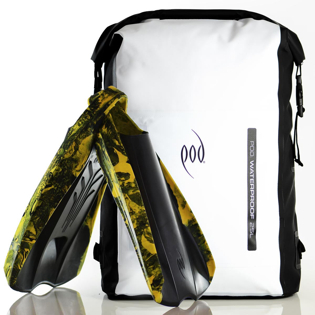 Waterproof Backpack Black White 25L Rucksack Dry Bag PF2 POD Swim Fins Black Yellow