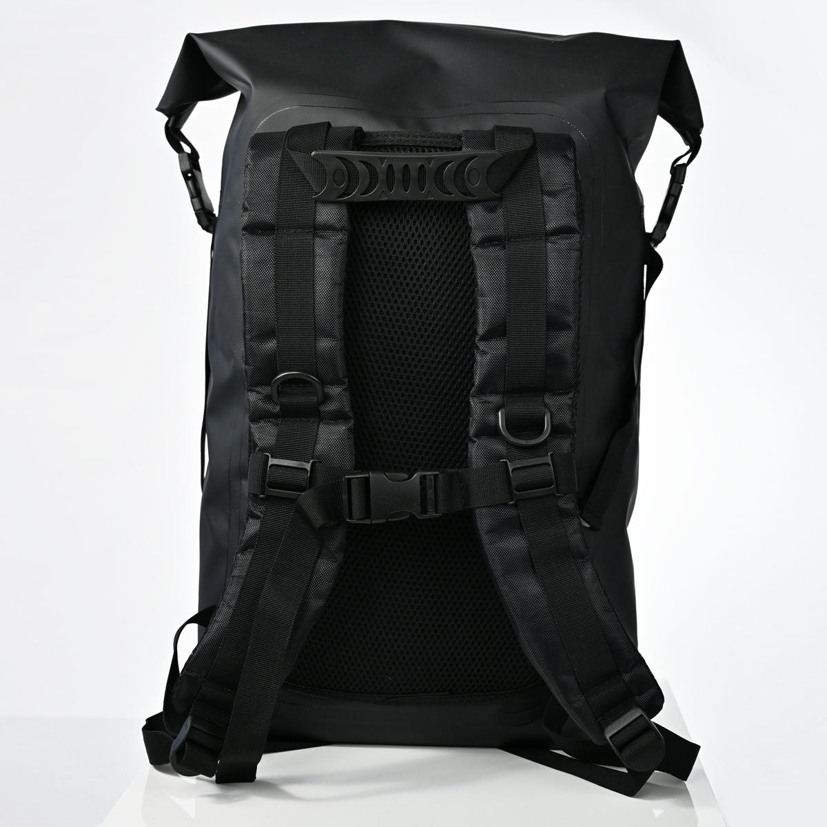 Black waterproof roll-top backpack shown from the back, featuring padded shoulder straps, a breathable mesh back panel, and quick-release buckles, photographed on a clean white studio background.