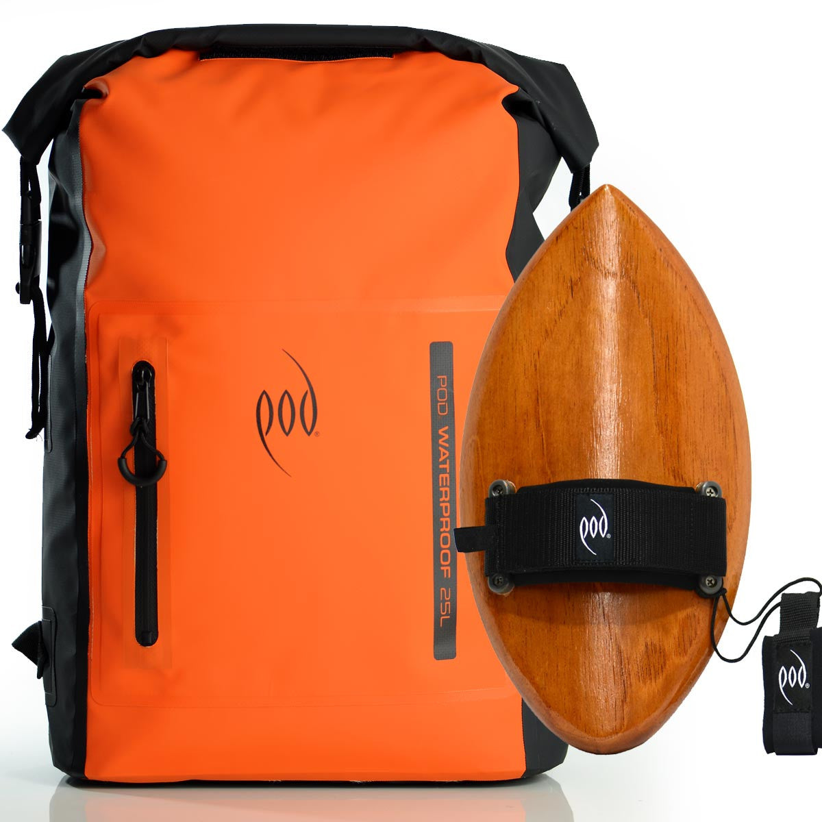 Waterproof Backpack Black Orange Hand-crafted Wood Bodysurfing Handboard